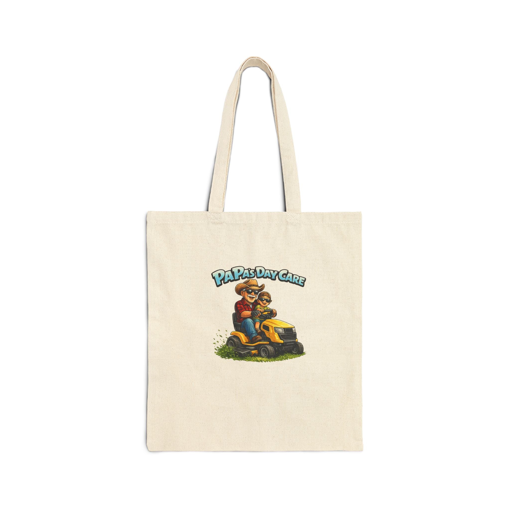 Tote Bag — "Papa's Daycare" Funny Dad Riding Lawn Mower Cotton Canvas Tote