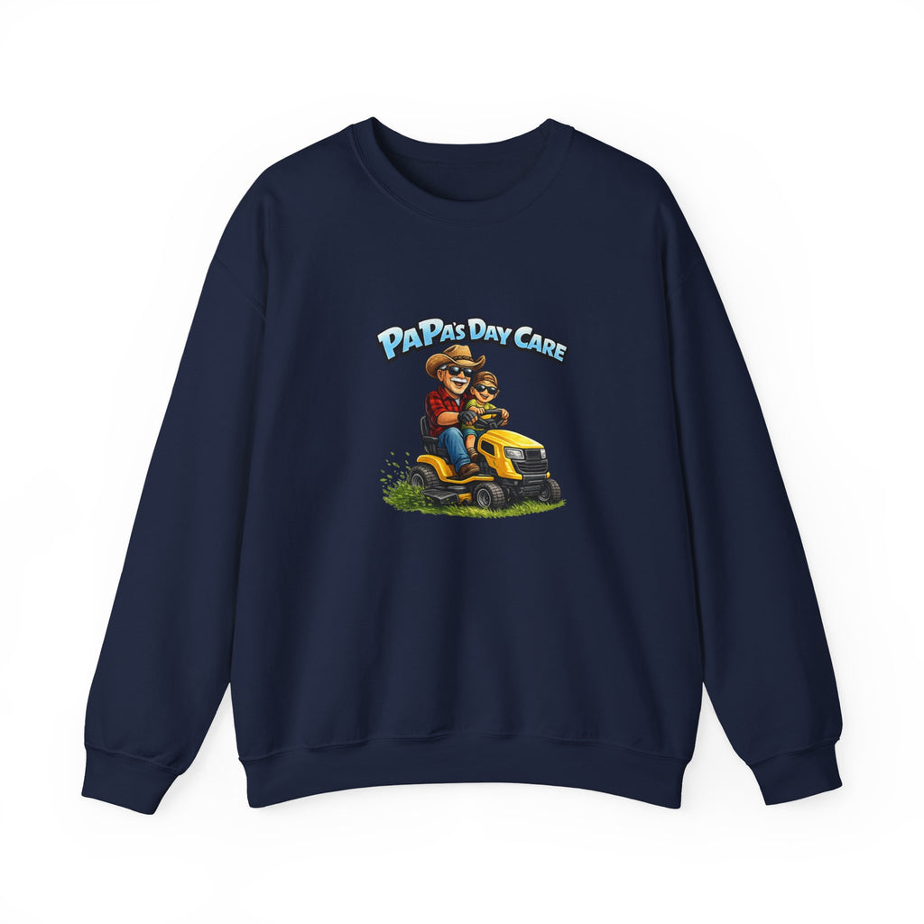 Crewneck Sweatshirt — "Papa's Daycare" Lawn Mower Dad Design, Father's Day Gift