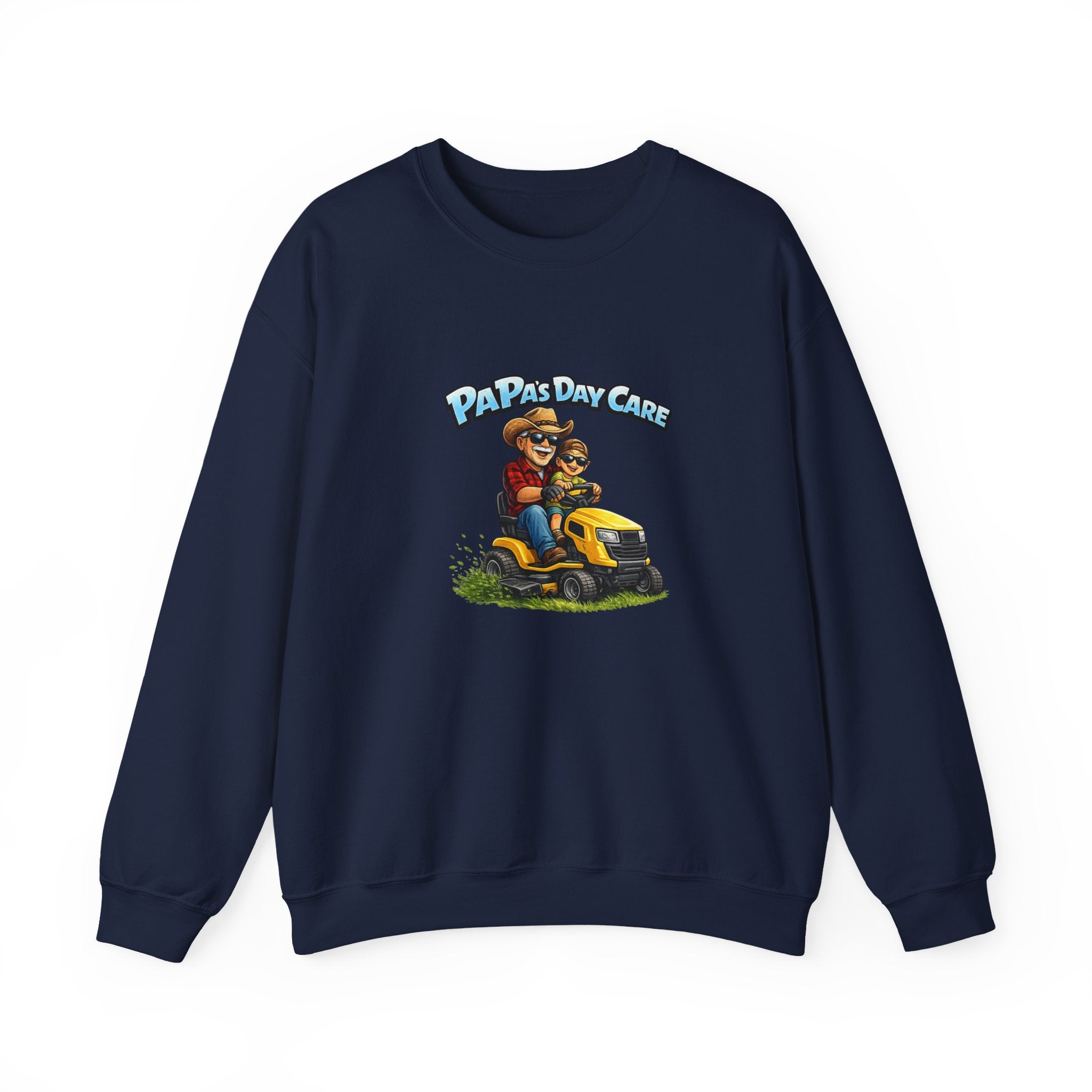 Crewneck Sweatshirt — "Papa's Daycare" Lawn Mower Dad Design, Father's Day Gift