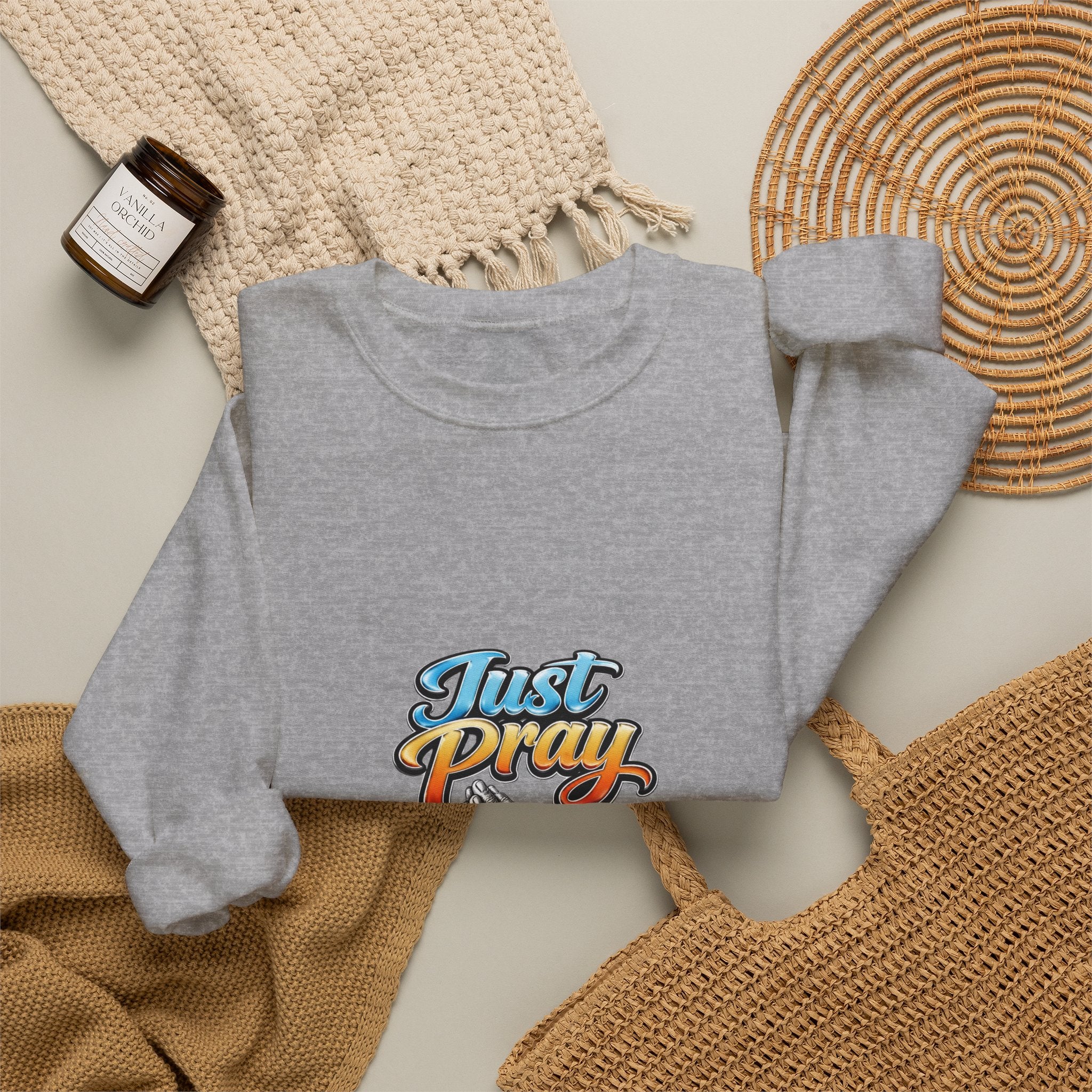 Just Pray Crewneck Sweatshirt — Retro Praying Hands Christian Top