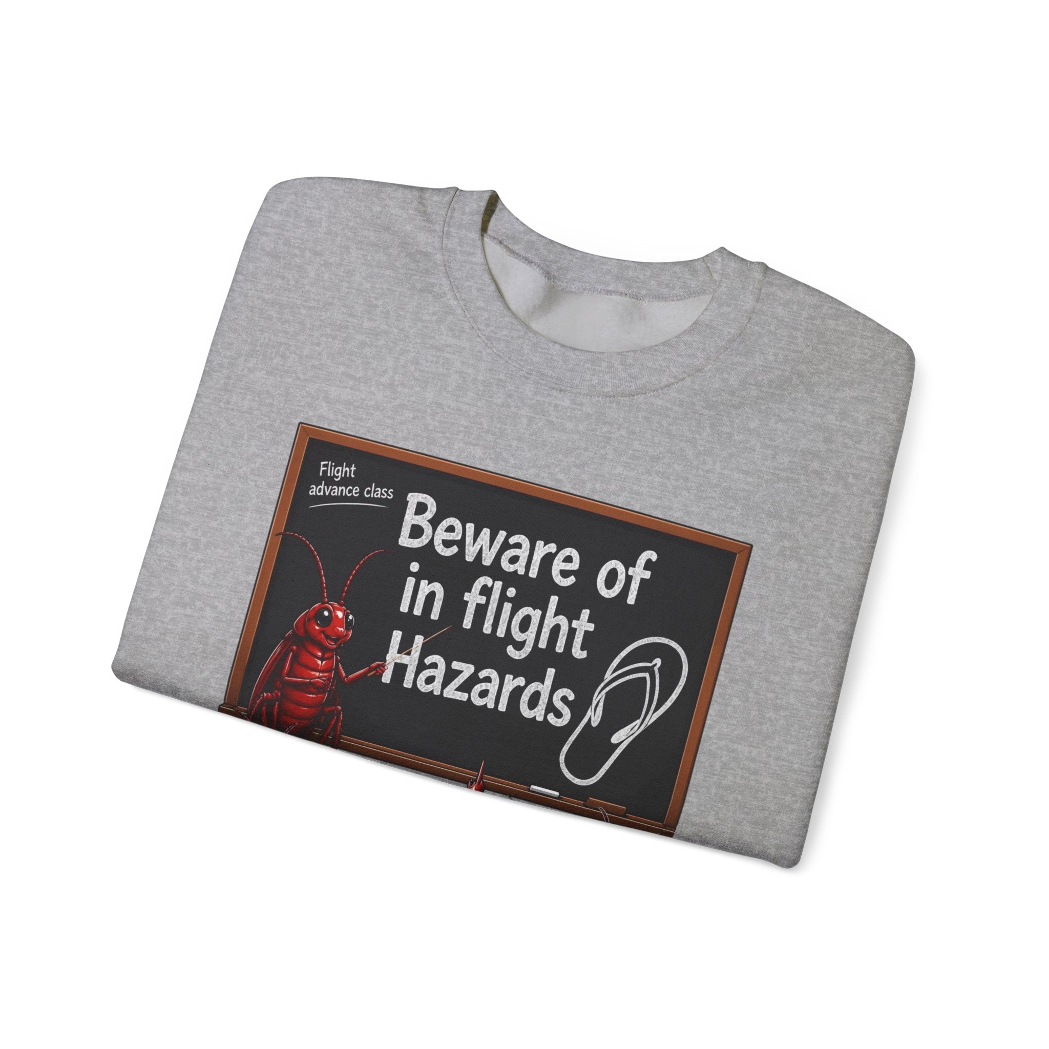Crewneck Sweatshirt – "Beware of in Flight Hazards" Vintage Cockroach Classroom Design