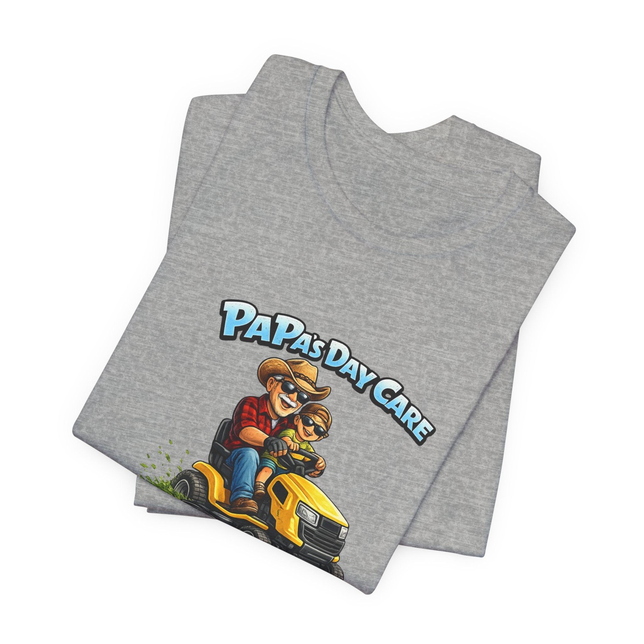 Papa’s Day Care Lawn Mower Tee — Funny Father & Kid Riding Graphic T-Shirt