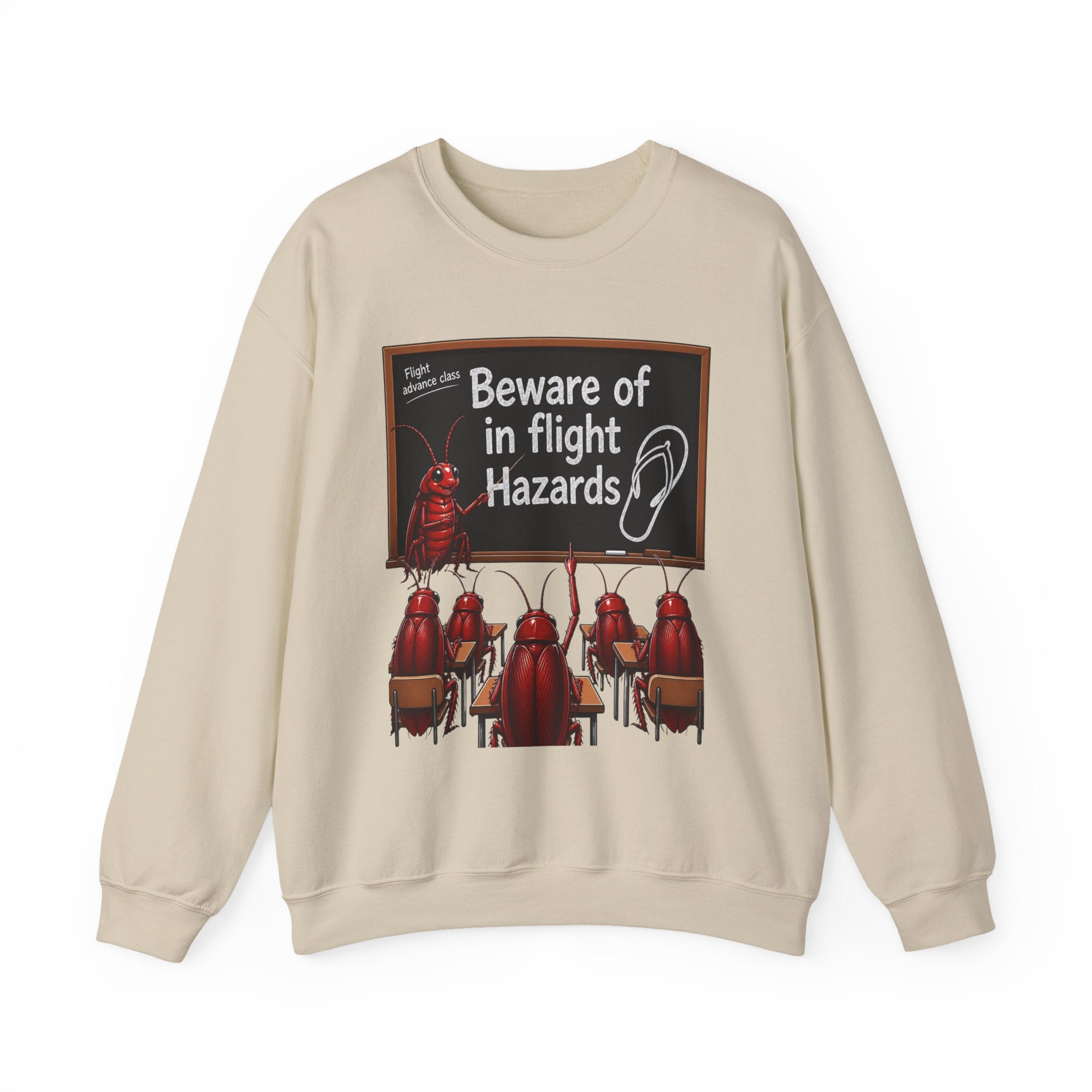 Crewneck Sweatshirt – "Beware of in Flight Hazards" Vintage Cockroach Classroom Design