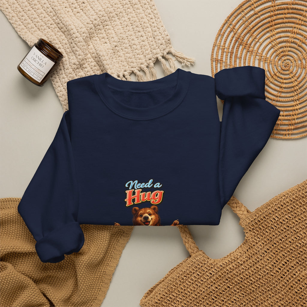 Bear Hug Crewneck Sweatshirt — Vintage Bear Graphic "Need a Hug" Cozy Pullover