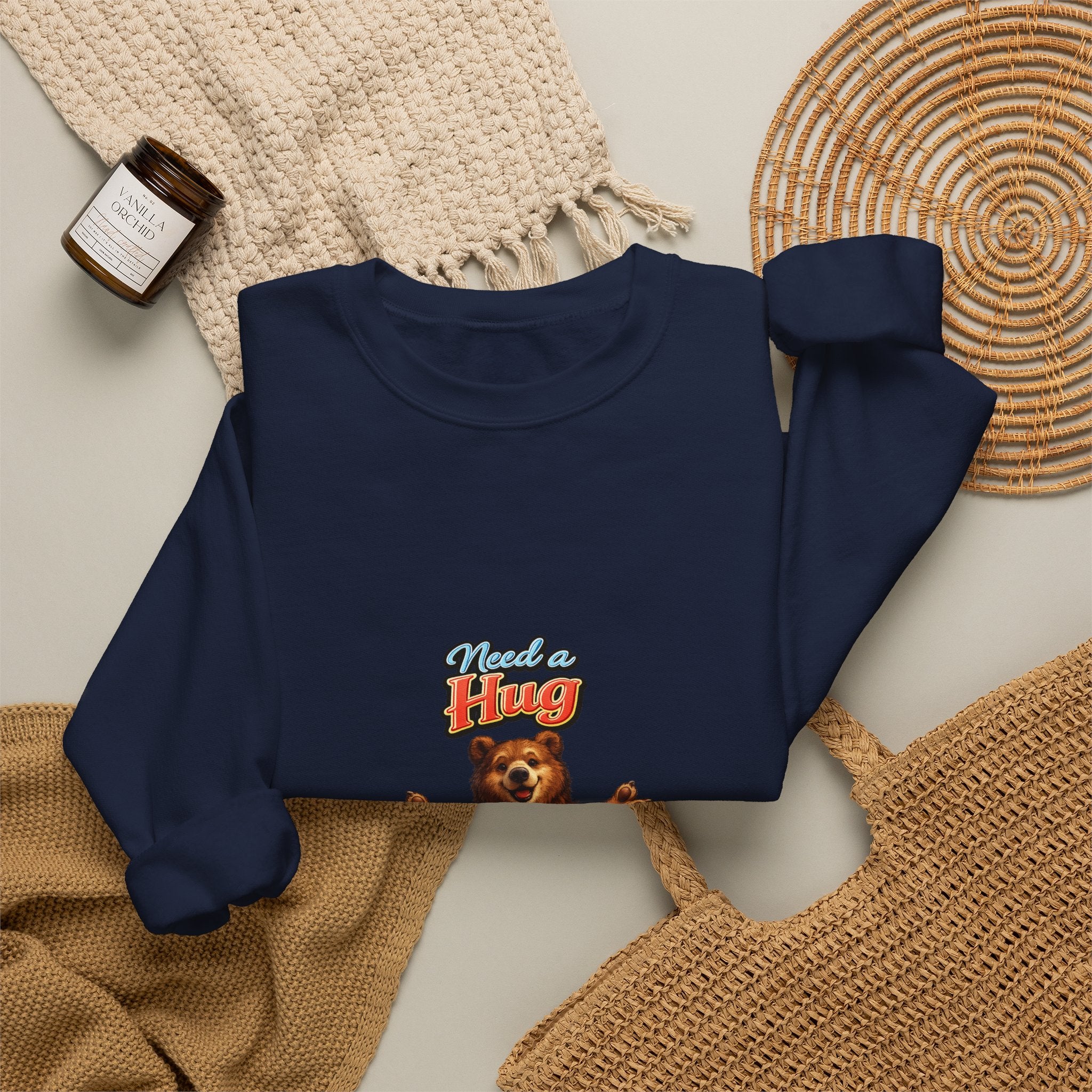 Bear Hug Crewneck Sweatshirt — Vintage Bear Graphic "Need a Hug" Cozy Pullover
