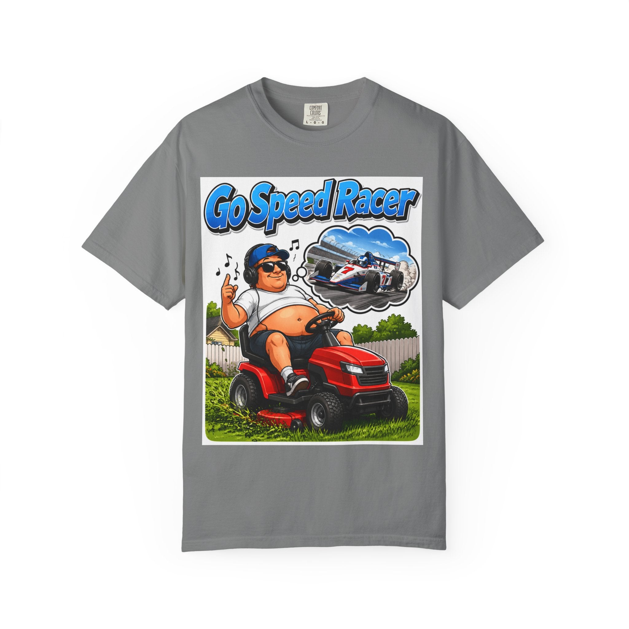 Go Speed Racer Lawn Mower T‑Shirt — Funny Riding Mower Graphic Tee