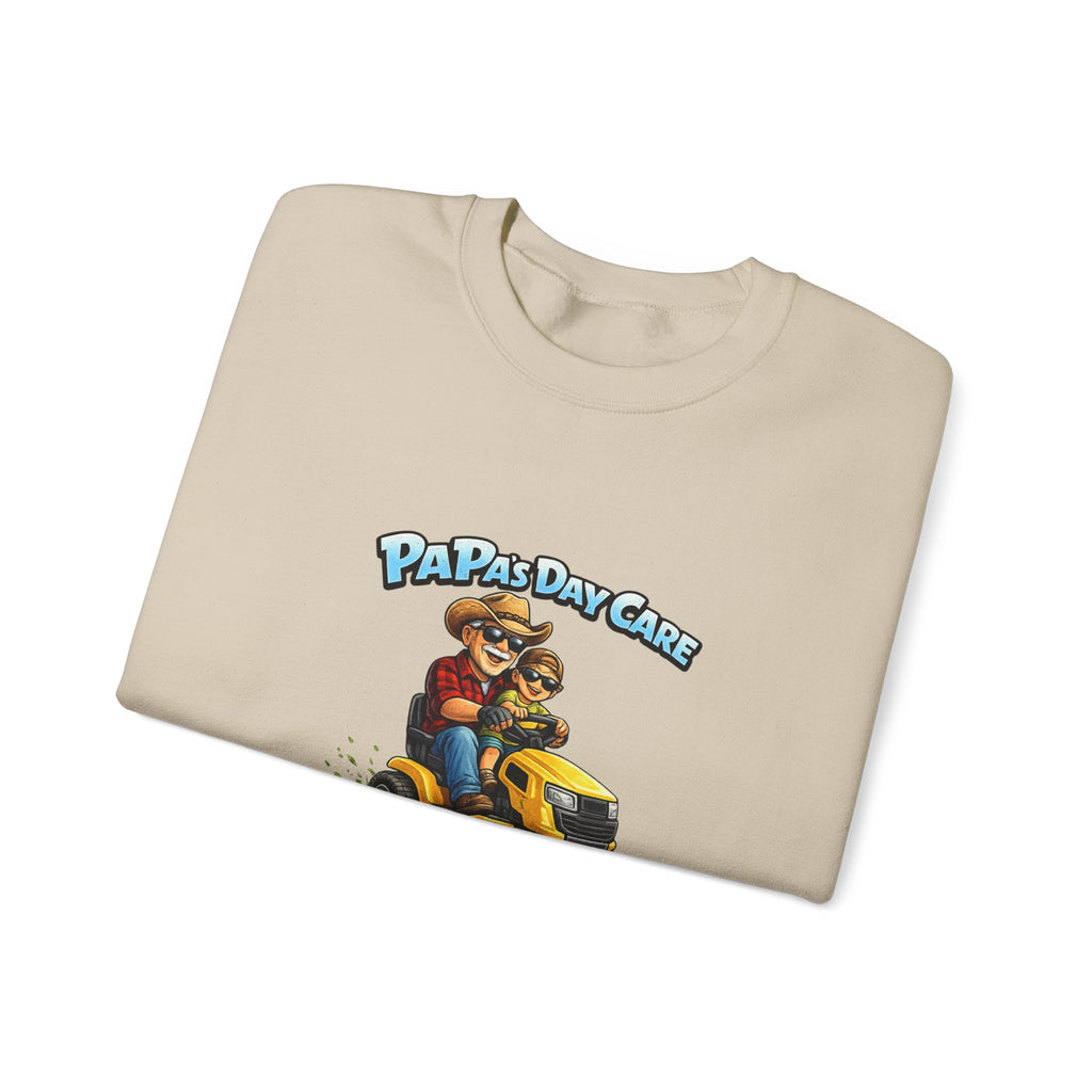 Crewneck Sweatshirt — "Papa's Daycare" Lawn Mower Dad Design, Father's Day Gift