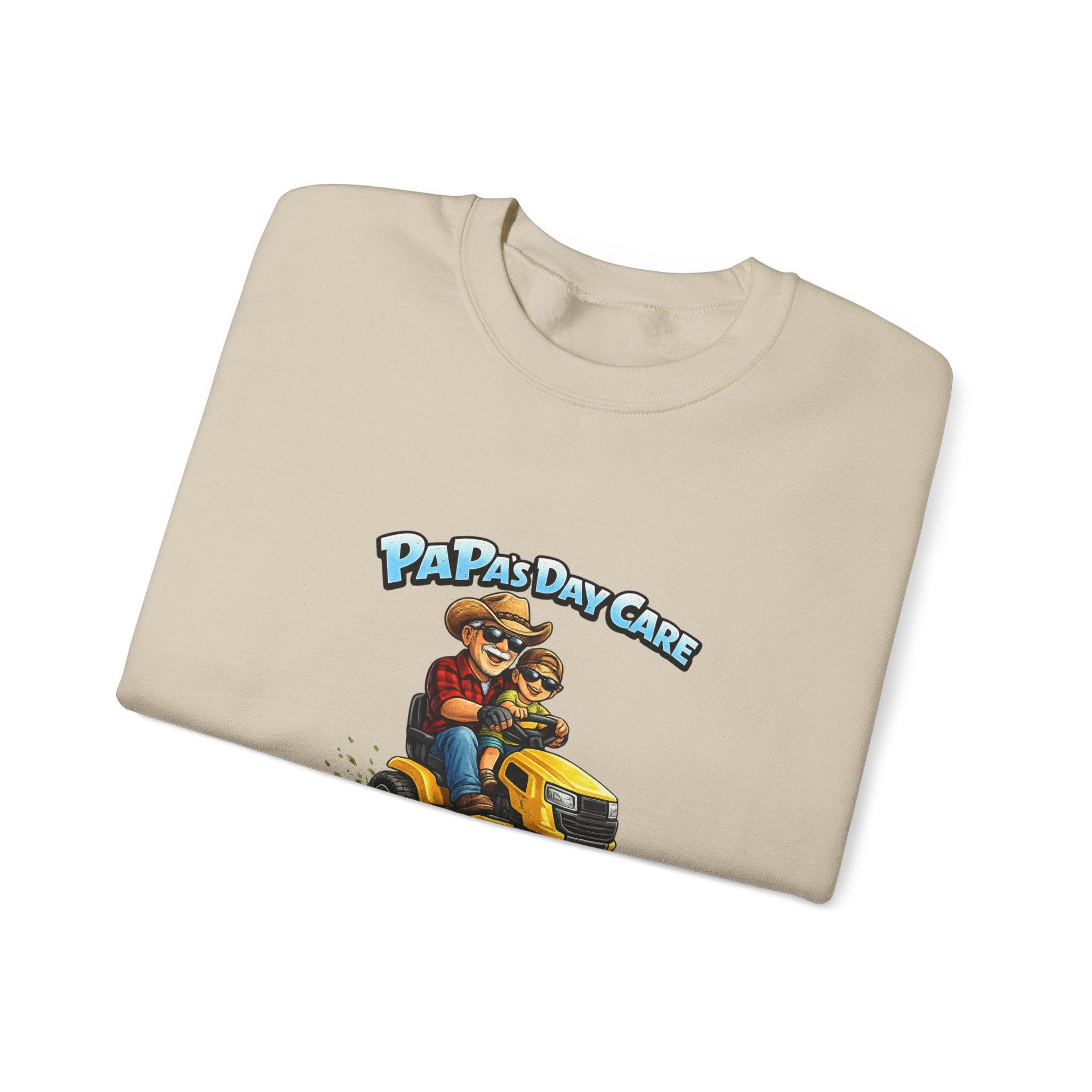 Crewneck Sweatshirt — "Papa's Daycare" Lawn Mower Dad Design, Father's Day Gift