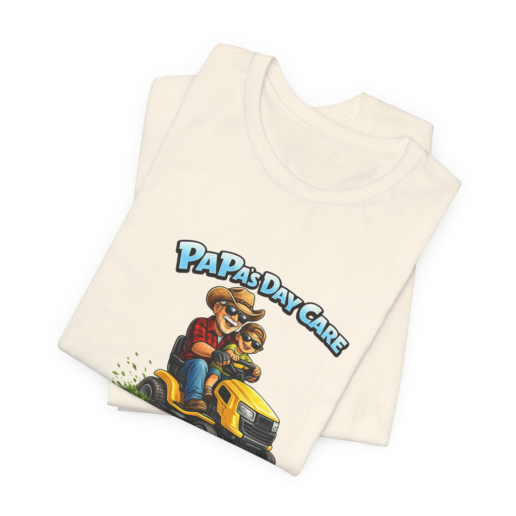 Papa’s Day Care Lawn Mower Tee — Funny Father & Kid Riding Graphic T-Shirt