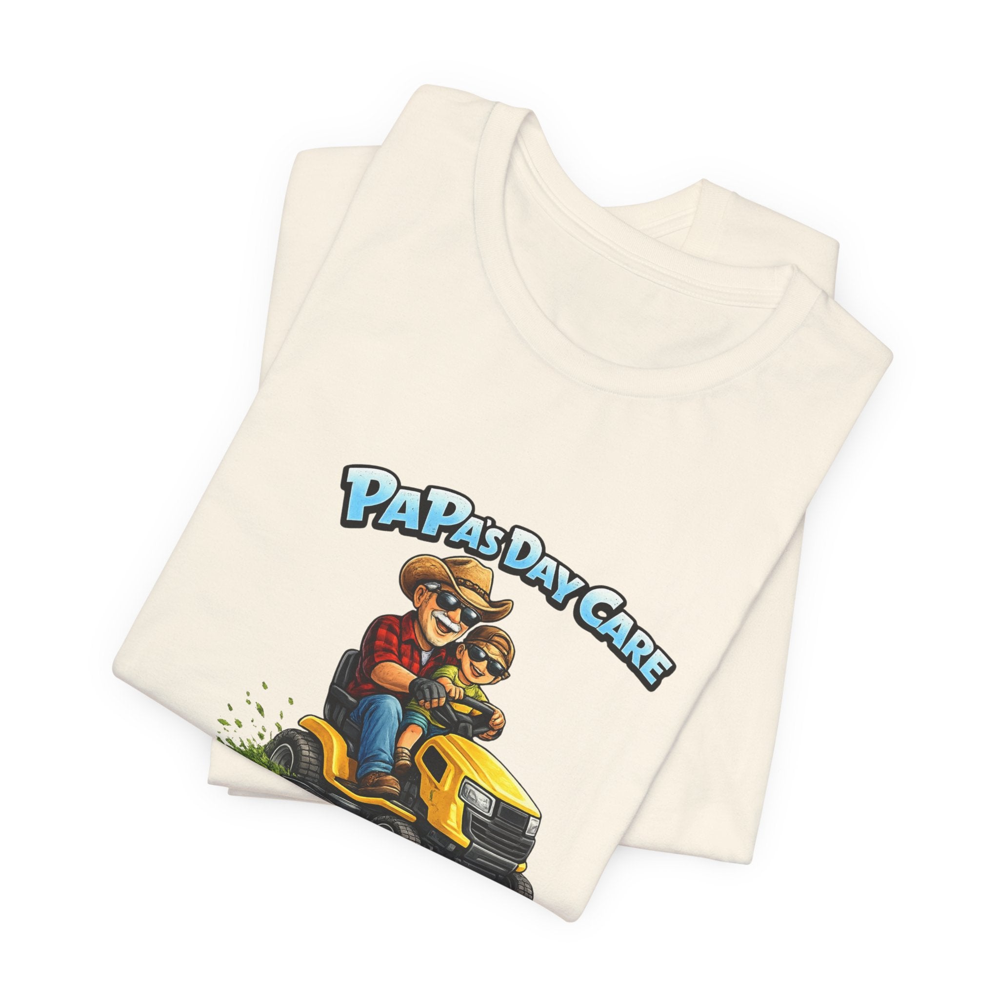 Papa’s Day Care Lawn Mower Tee — Funny Father & Kid Riding Graphic T-Shirt