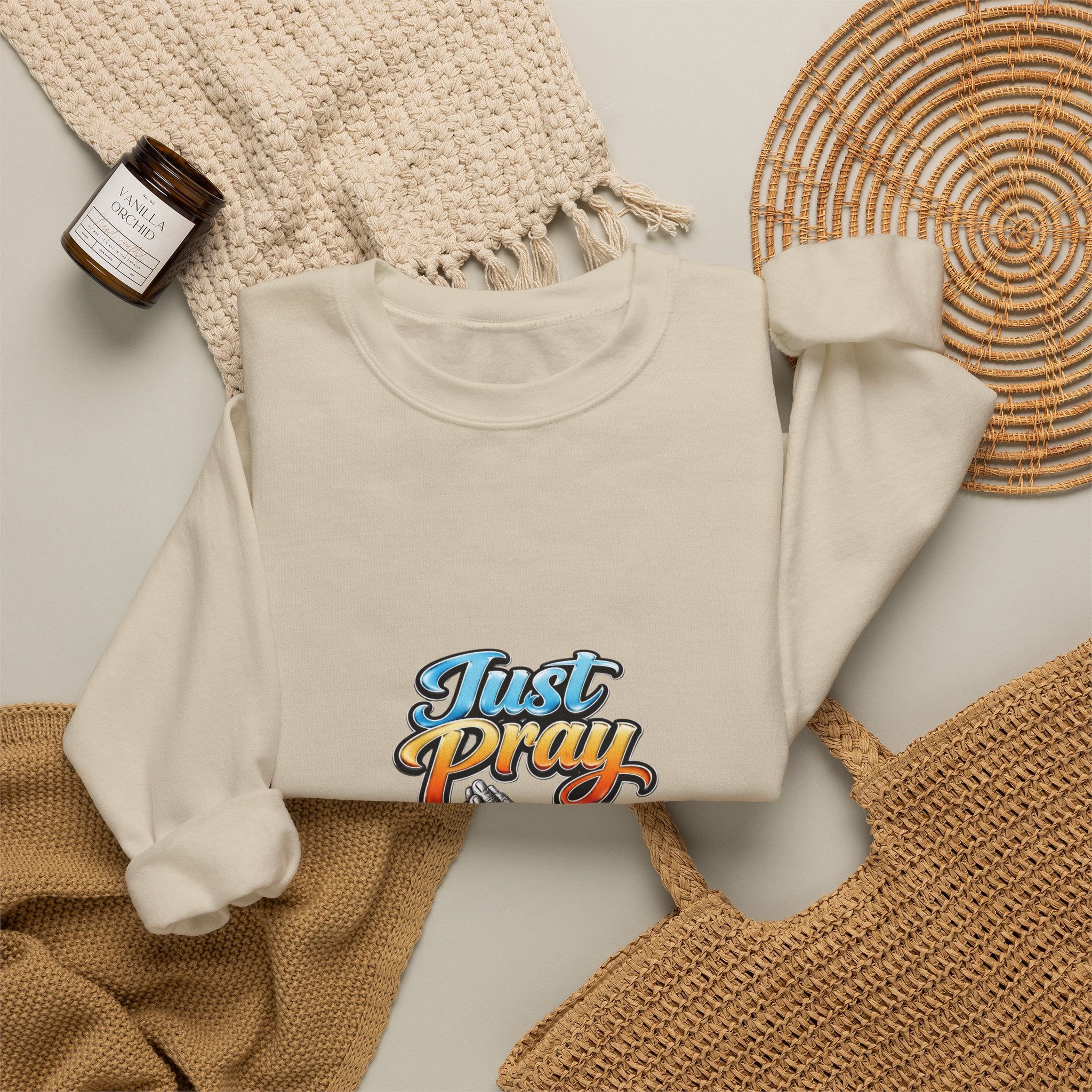 Just Pray Crewneck Sweatshirt — Retro Praying Hands Christian Top