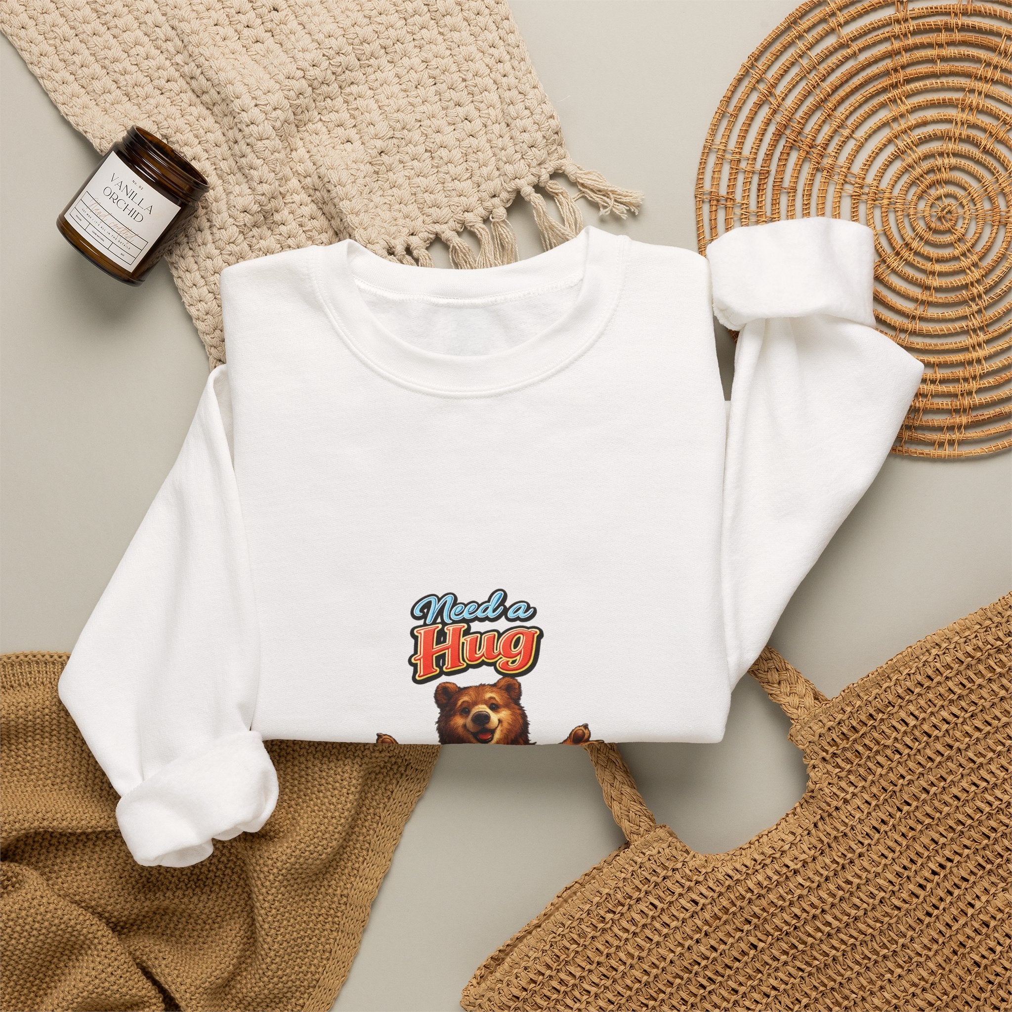 Bear Hug Crewneck Sweatshirt — Vintage Bear Graphic "Need a Hug" Cozy Pullover