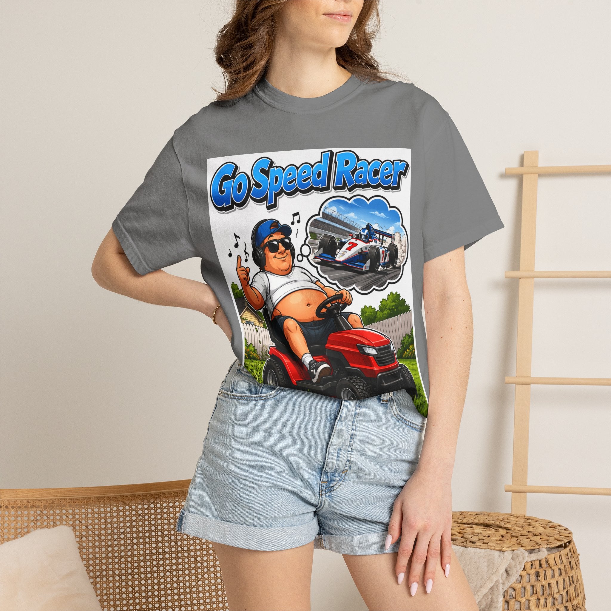 Go Speed Racer Lawn Mower T‑Shirt — Funny Riding Mower Graphic Tee