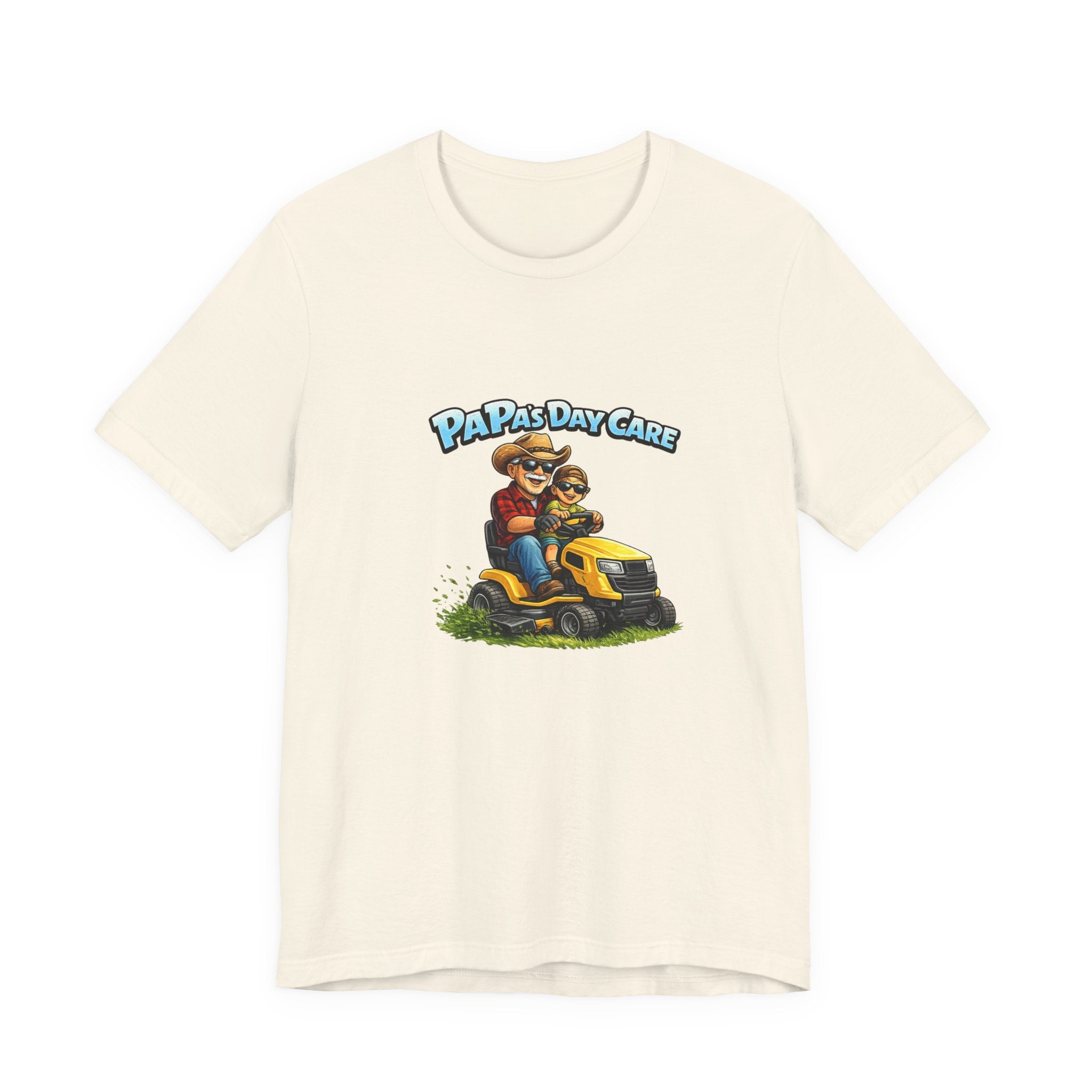 Papa's Daycare Lawn Mower T-Shirt — Funny Dad & Kid Riding Tee