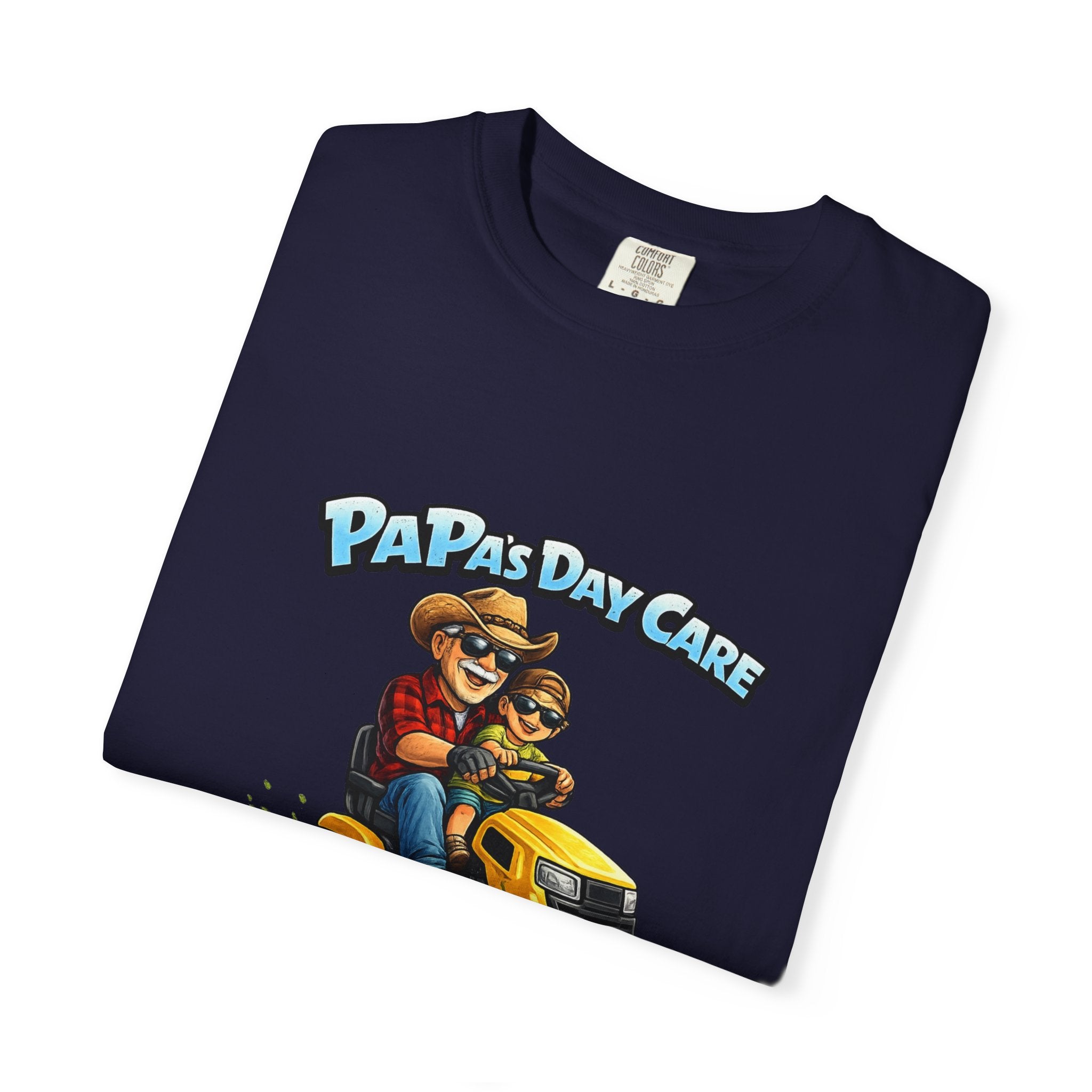 Papa's Day Care T-Shirt — Dad & Kid Riding Lawn Mower Father’s Day Tee