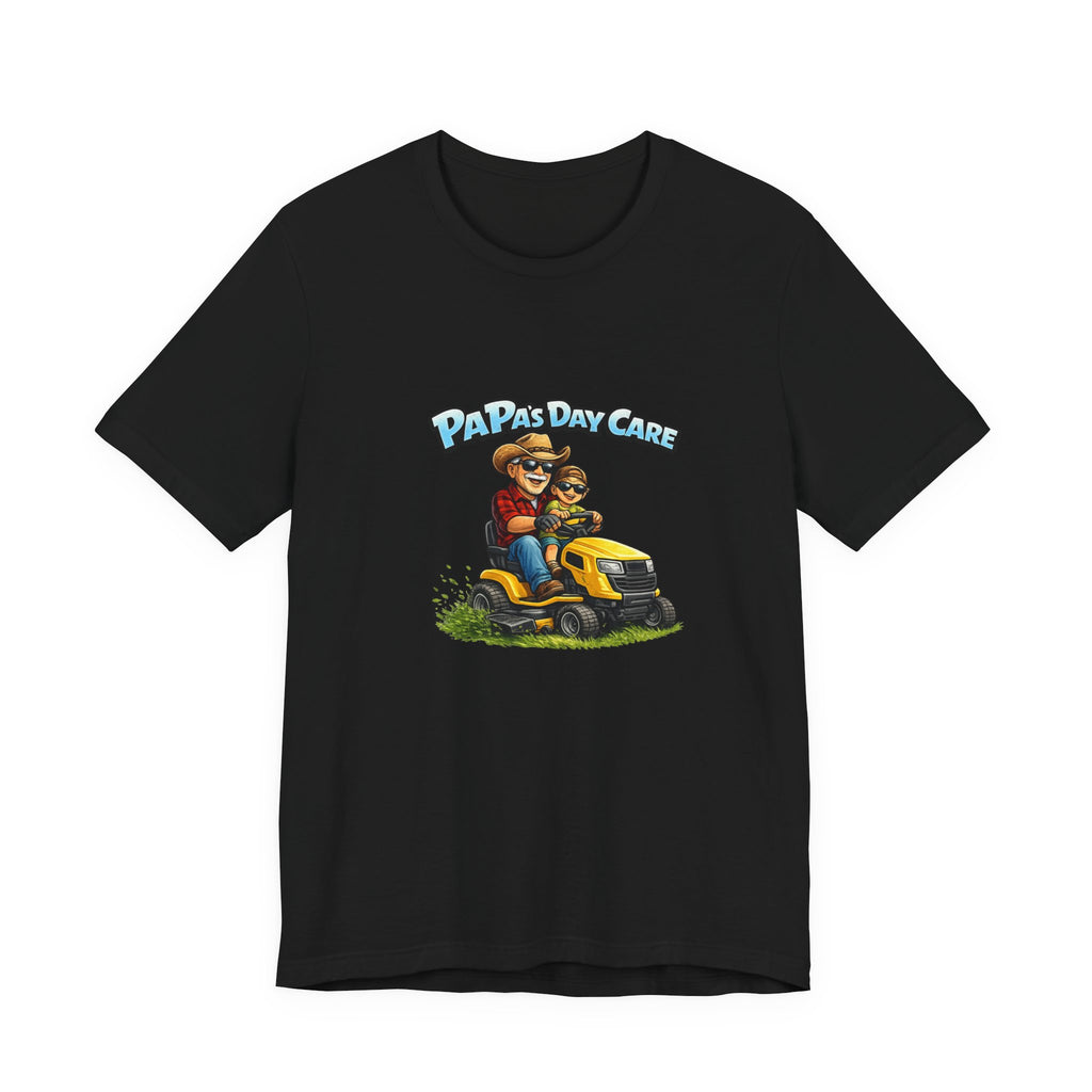 Papa's Daycare Lawn Mower T-Shirt — Funny Dad & Kid Riding Tee