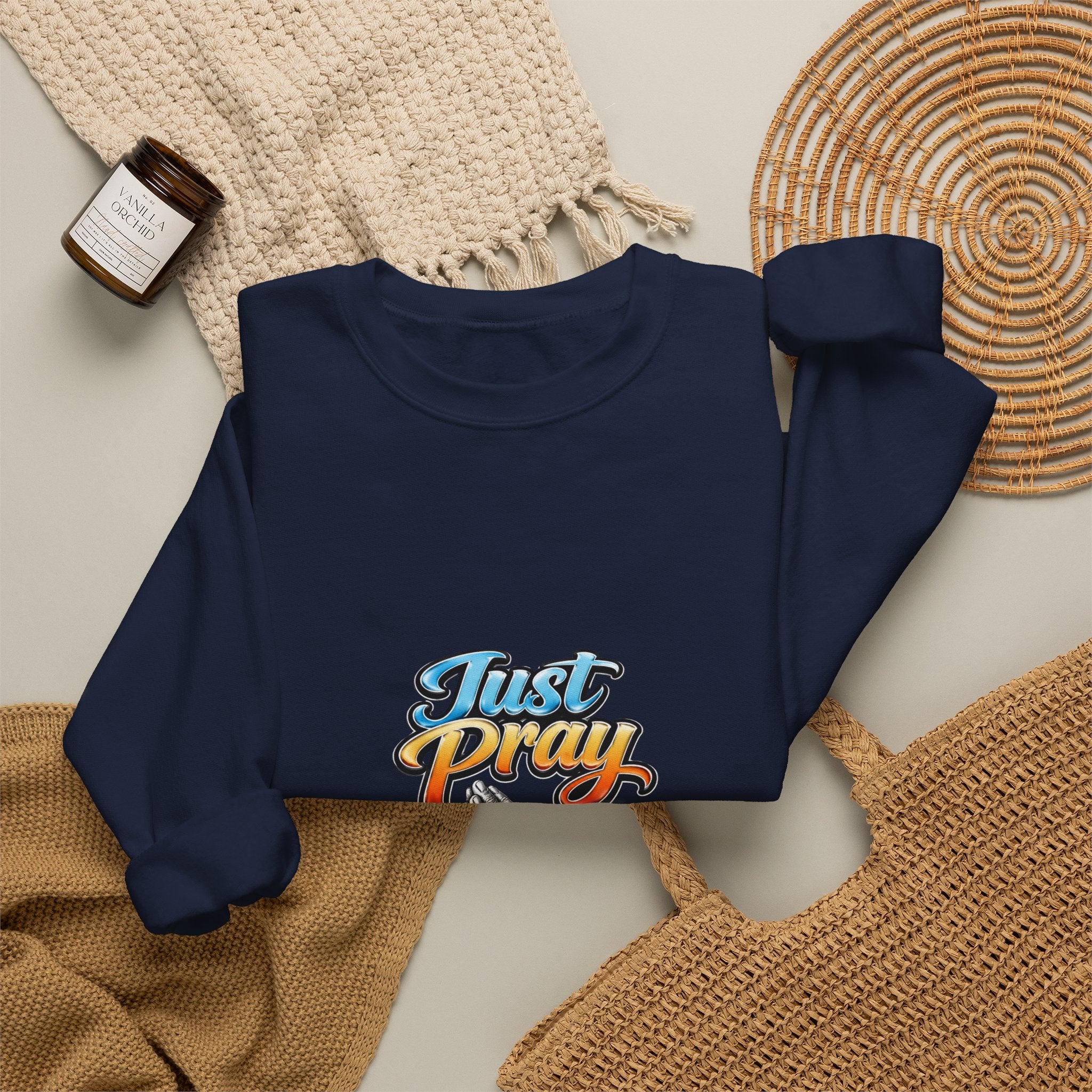 Just Pray Crewneck Sweatshirt — Retro Praying Hands Christian Top