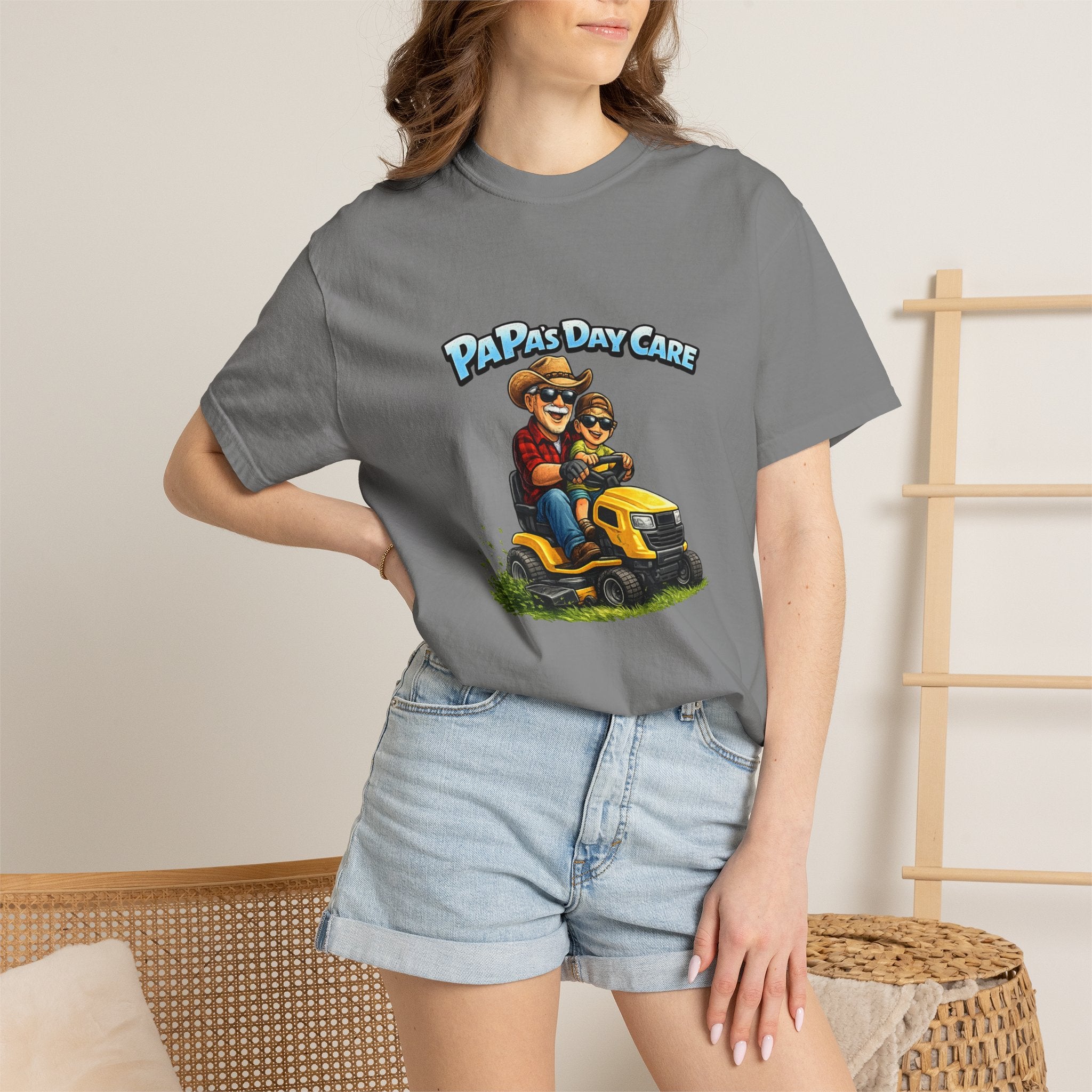 Papa's Day Care T-Shirt — Dad & Kid Riding Lawn Mower Father’s Day Tee