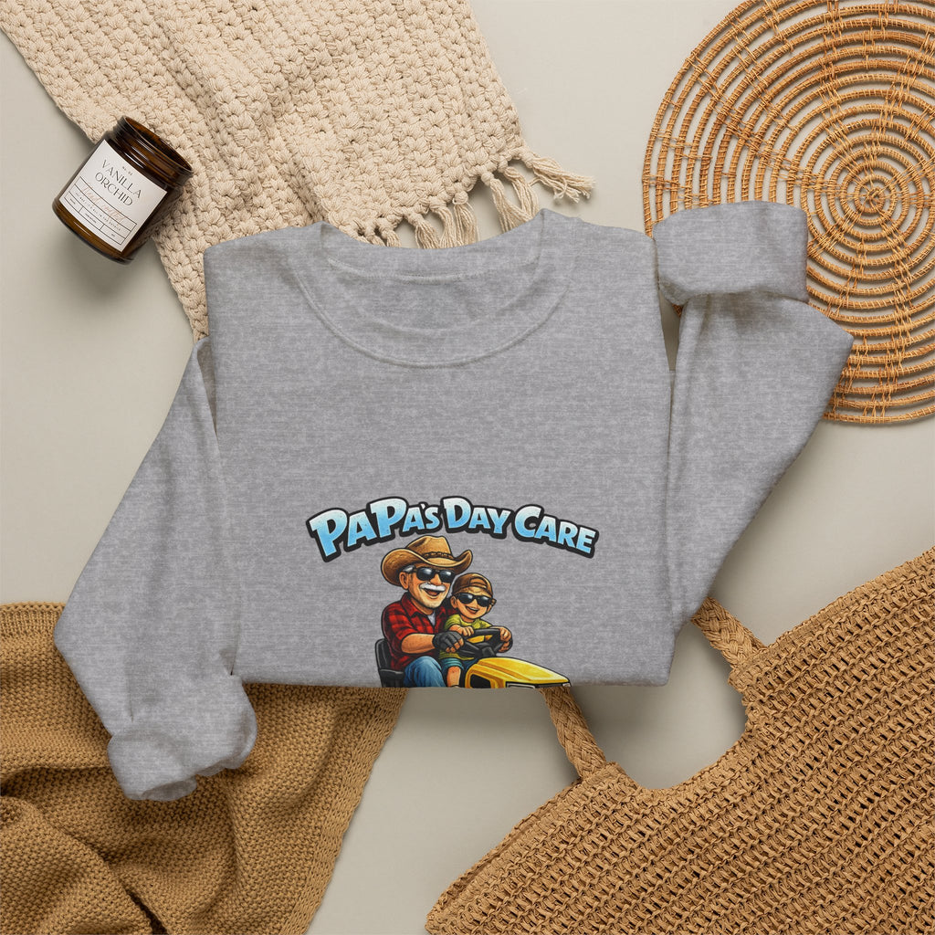 Crewneck Sweatshirt — "Papa's Daycare" Lawn Mower Dad Design, Father's Day Gift