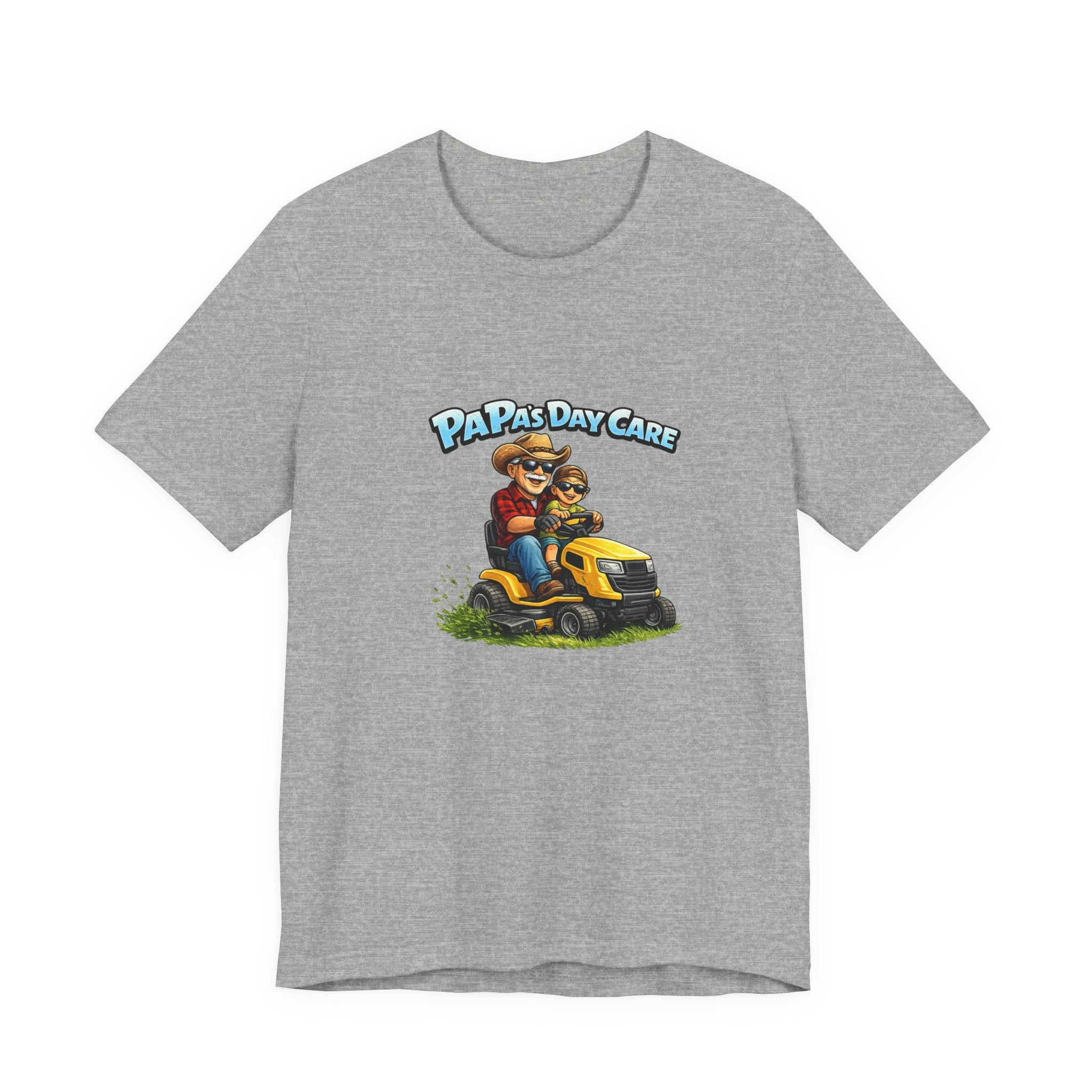 Papa's Daycare Lawn Mower T-Shirt — Funny Dad & Kid Riding Tee