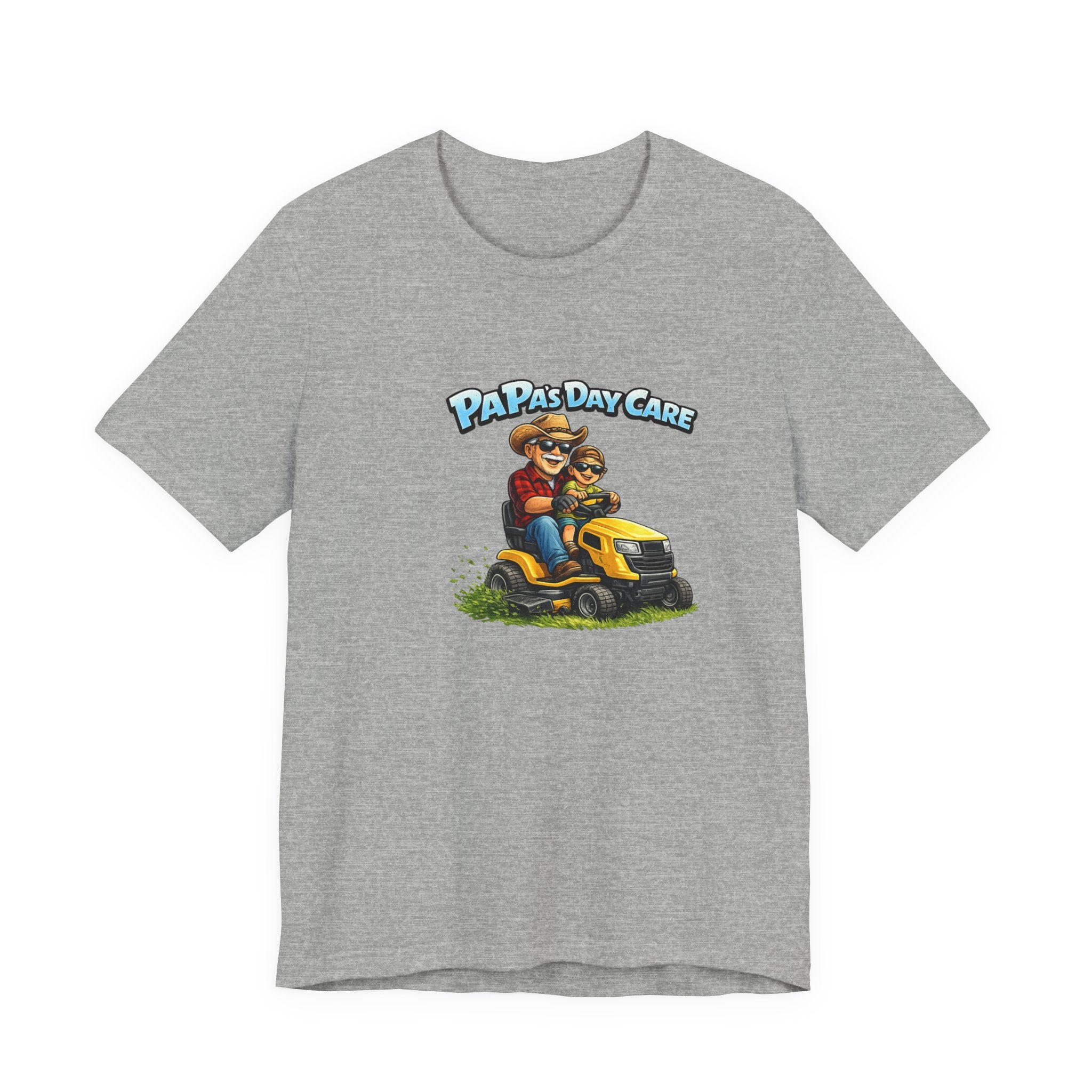 Papa’s Day Care Lawn Mower Tee — Funny Father & Kid Riding Graphic T-Shirt