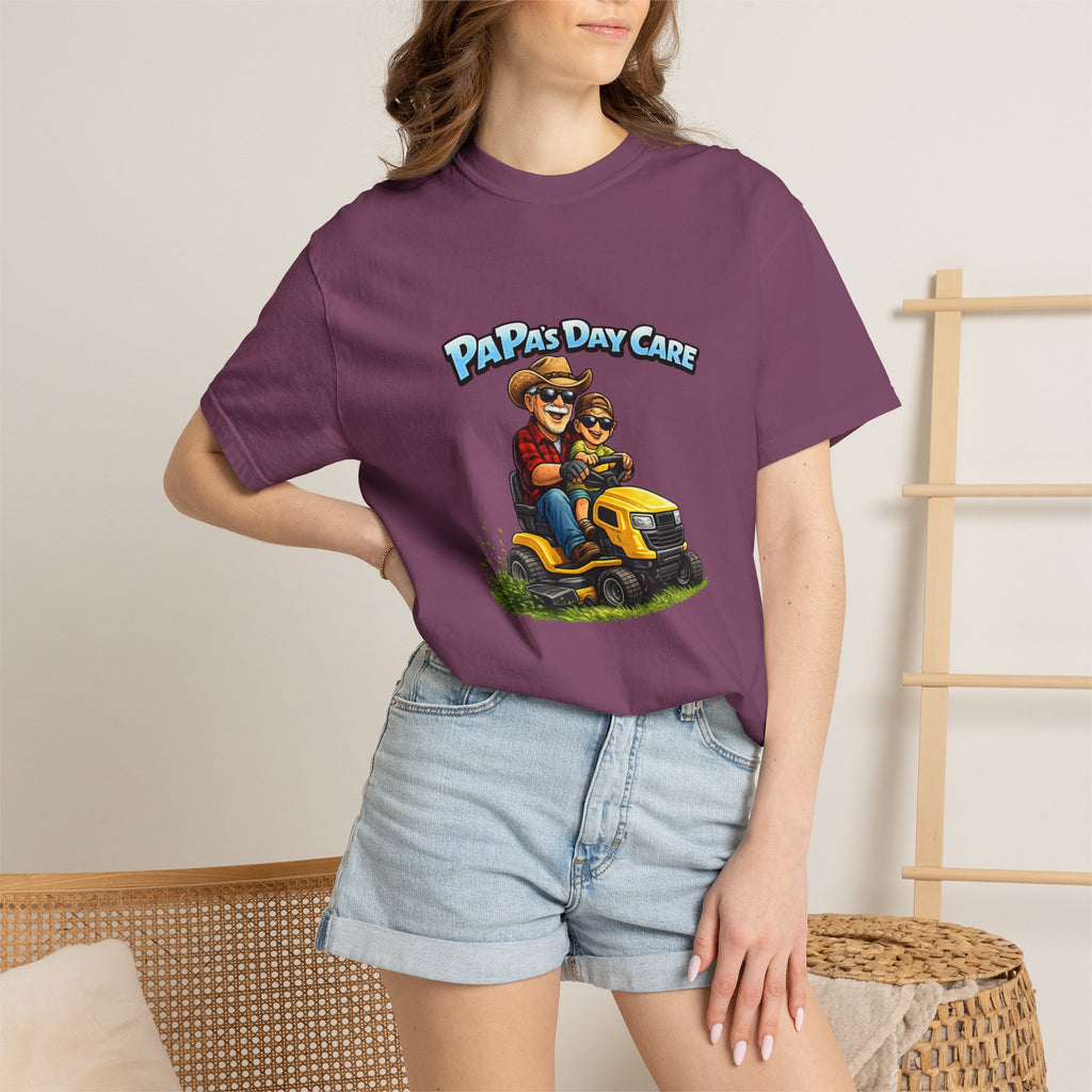 Papa's Day Care T-Shirt — Dad & Kid Riding Lawn Mower Father’s Day Tee