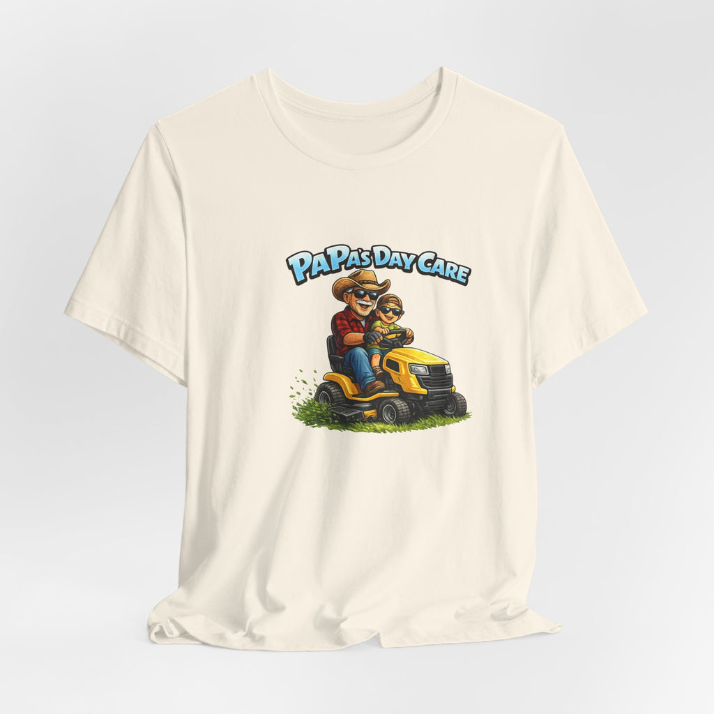 Papa’s Day Care Lawn Mower Tee — Funny Father & Kid Riding Graphic T-Shirt