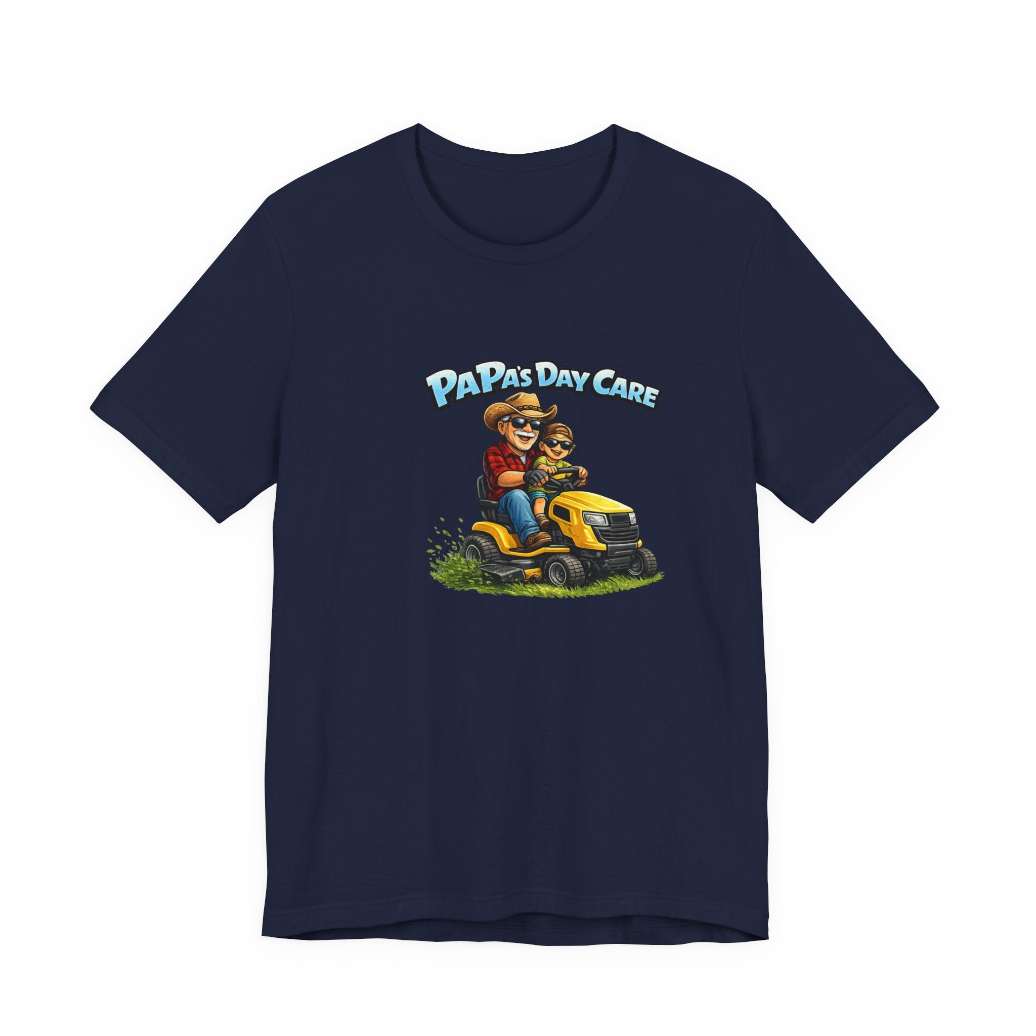 Papa’s Day Care Lawn Mower Tee — Funny Father & Kid Riding Graphic T-Shirt