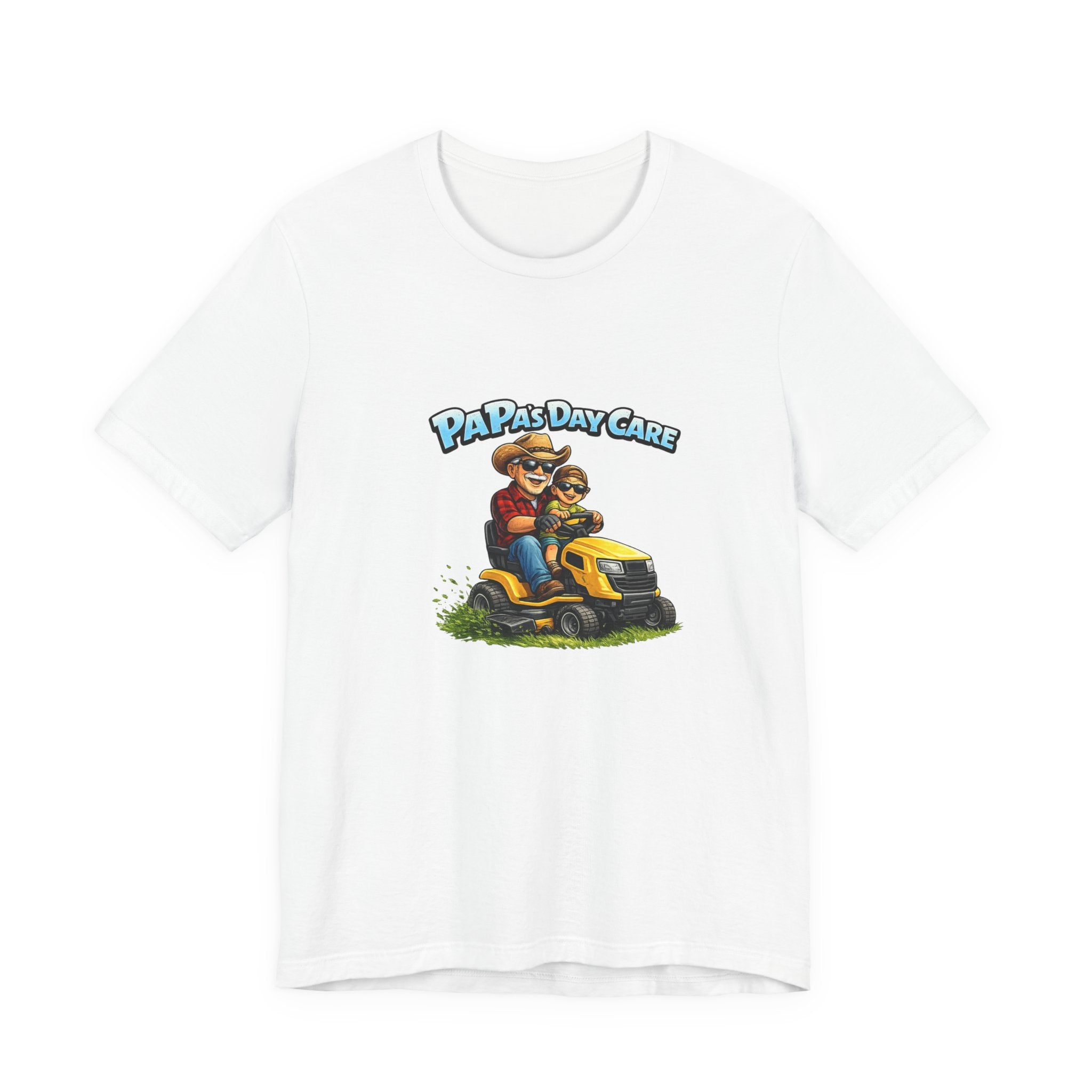 Papa's Daycare Lawn Mower T-Shirt — Funny Dad & Kid Riding Tee