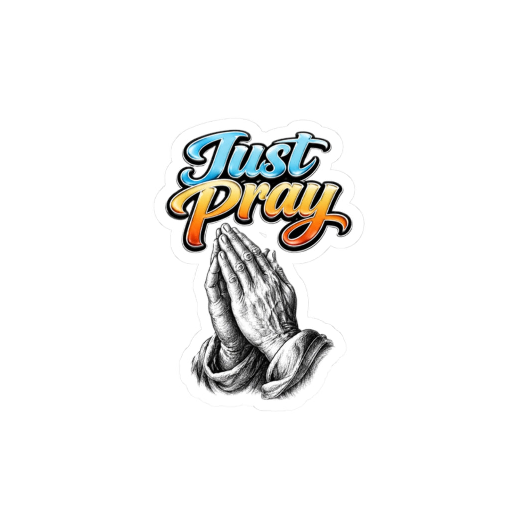 Just Pray Sticker — Retro Script with Praying Hands (Kiss-Cut Vinyl)
