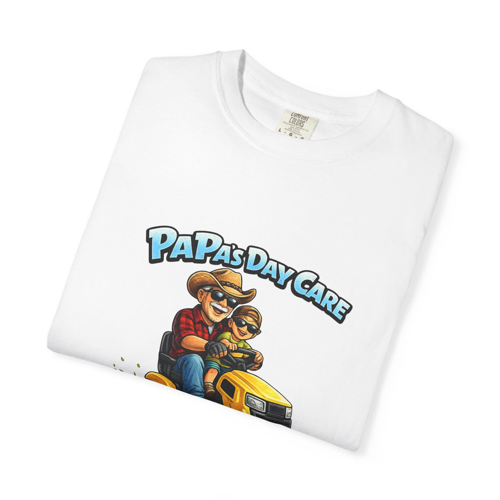 Papa's Day Care T-Shirt — Dad & Kid Riding Lawn Mower Father’s Day Tee
