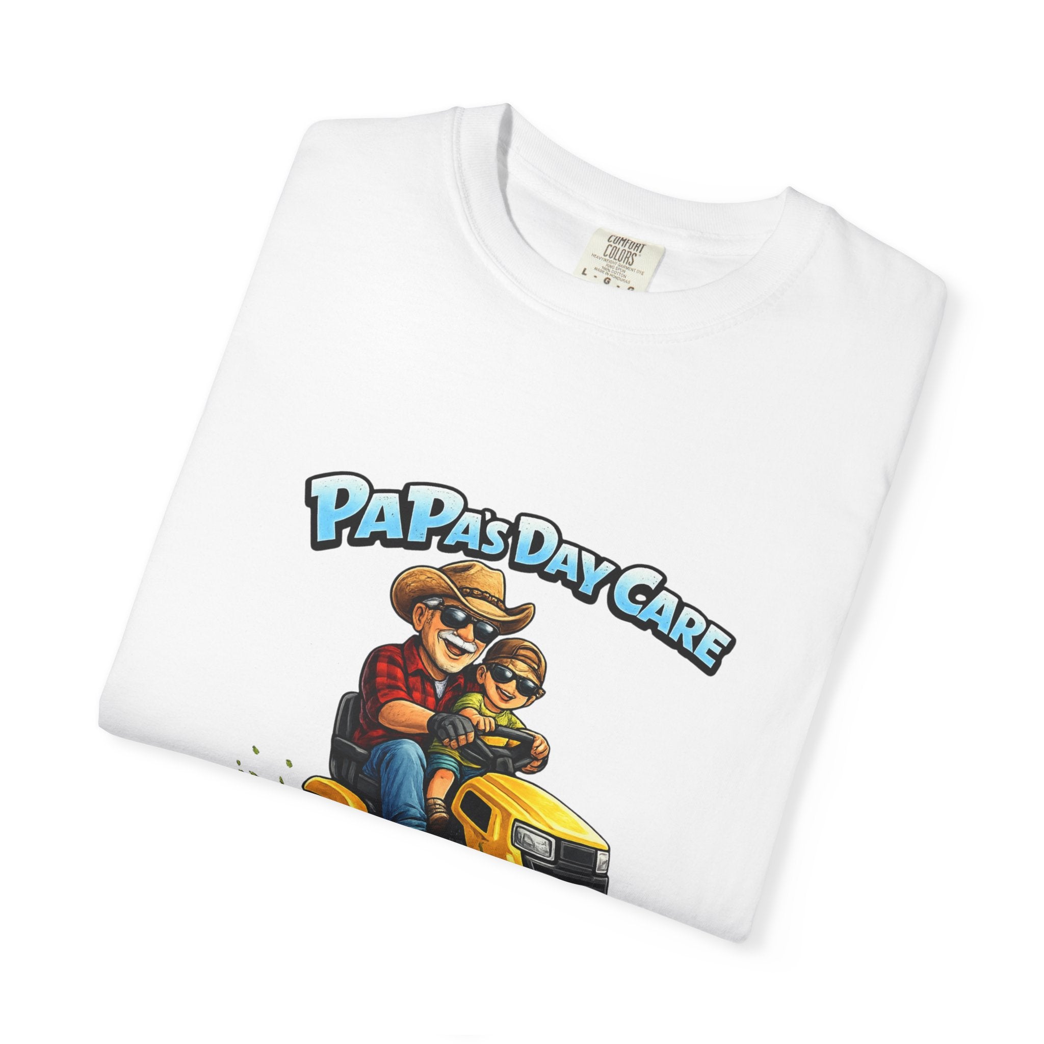Papa's Day Care T-Shirt — Dad & Kid Riding Lawn Mower Father’s Day Tee