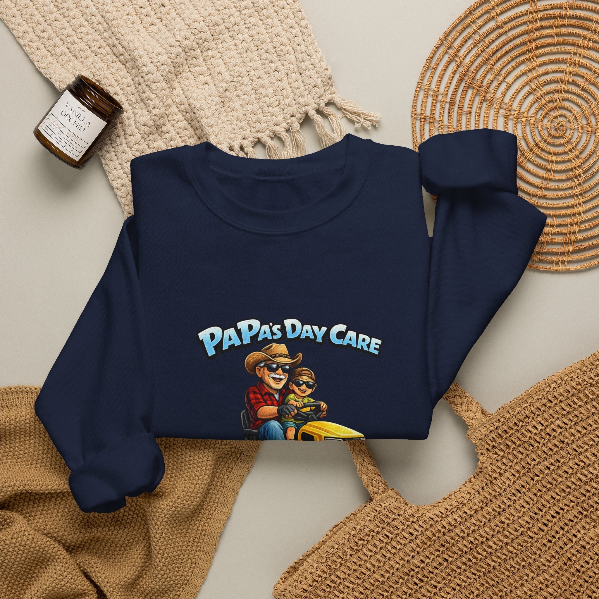 Crewneck Sweatshirt — "Papa's Daycare" Lawn Mower Dad Design, Father's Day Gift