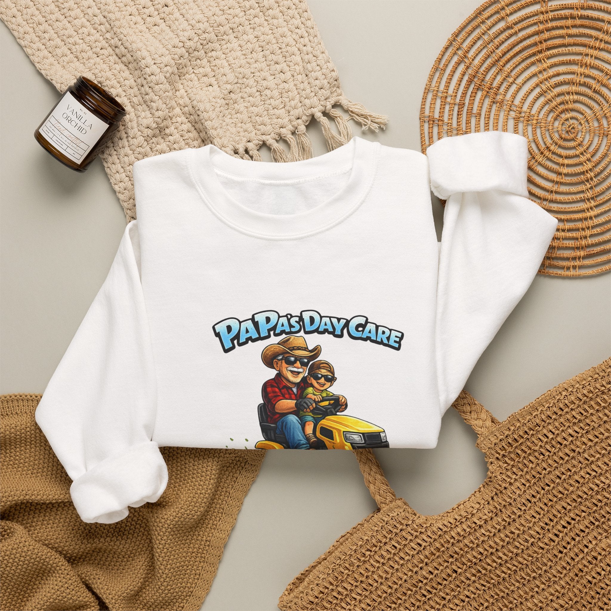 Papa's Day Care Crewneck Sweatshirt – Funny Lawn Mower Dad Graphic