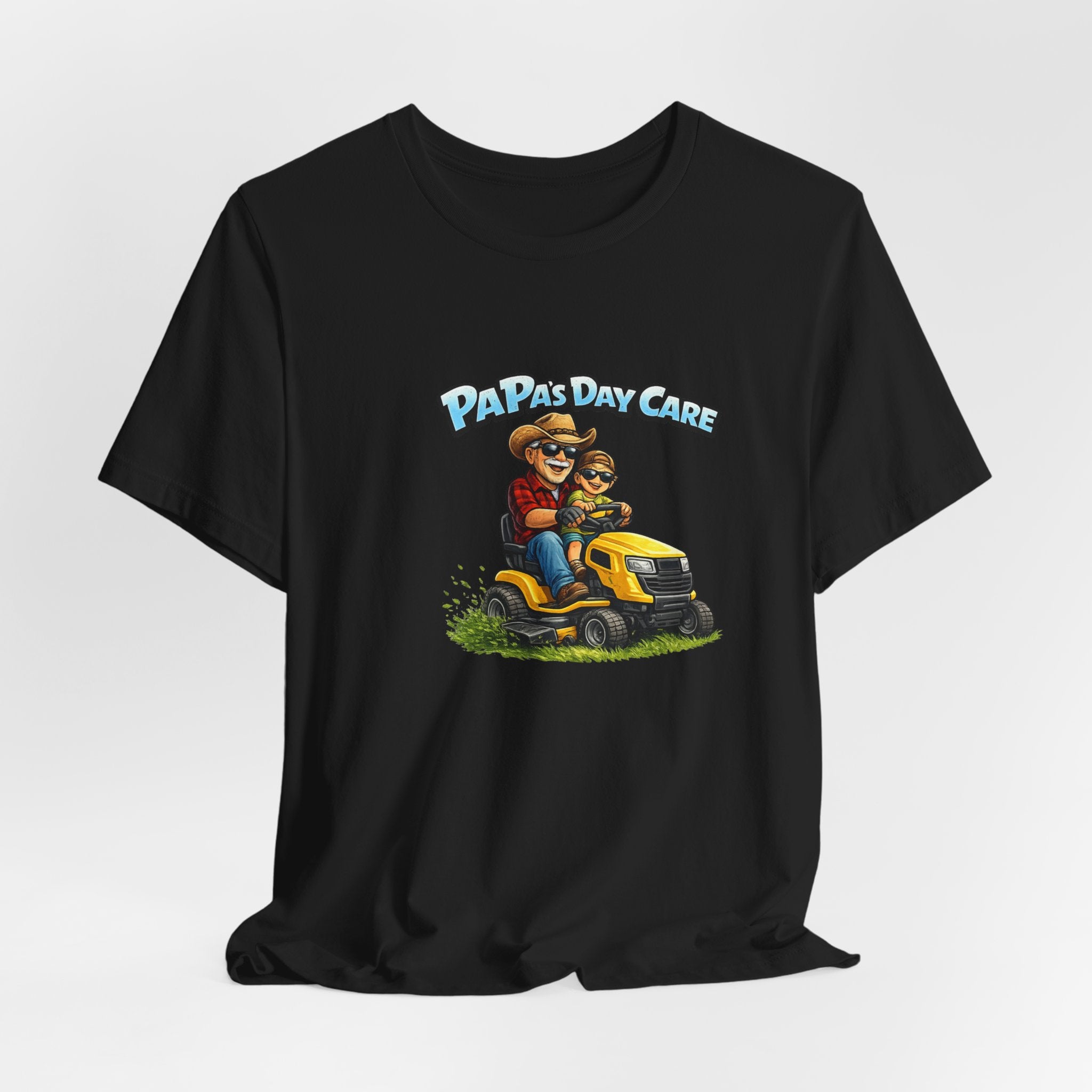 Papa’s Day Care Lawn Mower Tee — Funny Father & Kid Riding Graphic T-Shirt