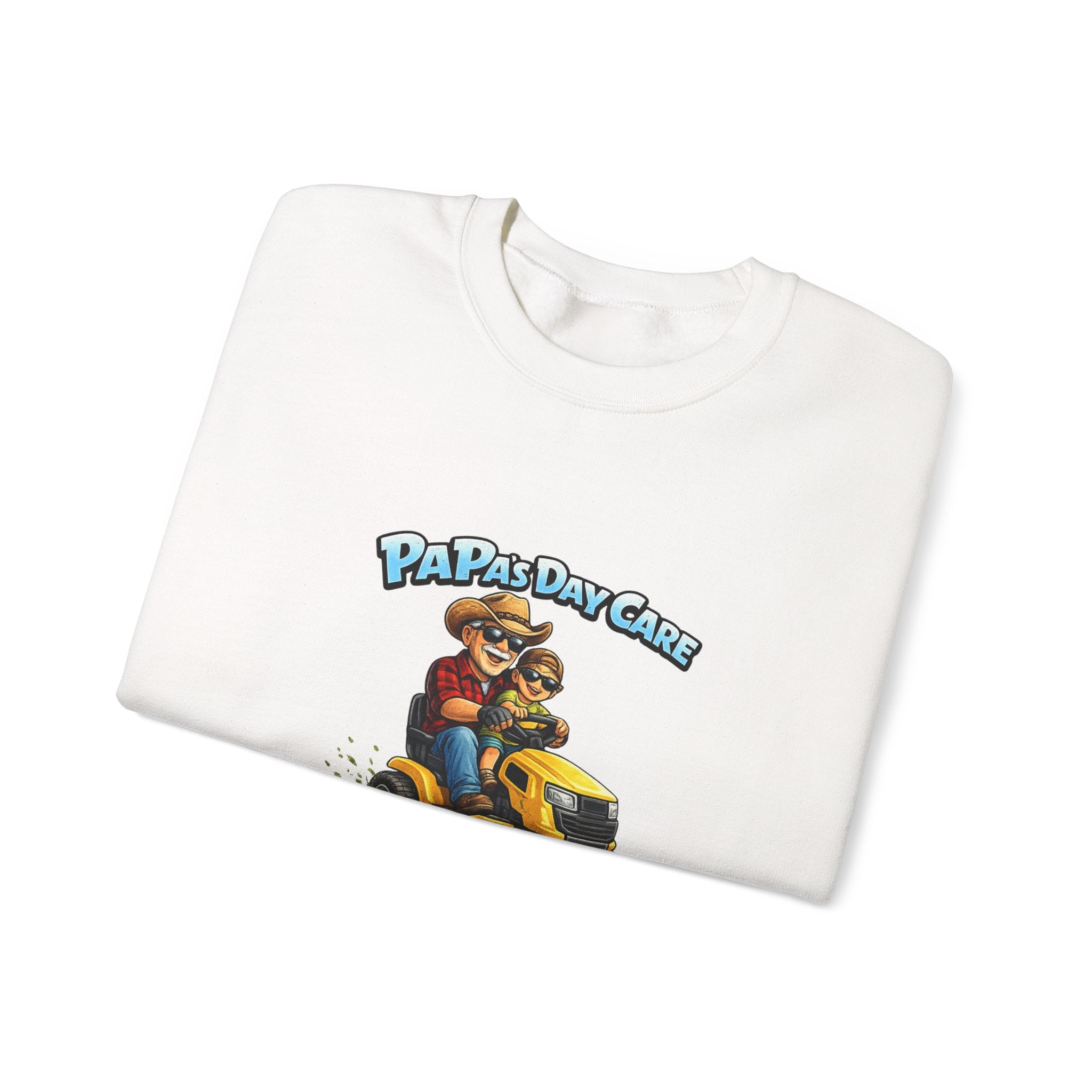 Crewneck Sweatshirt — "Papa's Daycare" Lawn Mower Dad Design, Father's Day Gift