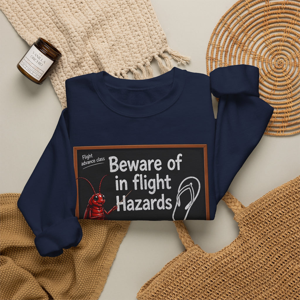 Crewneck Sweatshirt – "Beware of in Flight Hazards" Vintage Cockroach Classroom Design