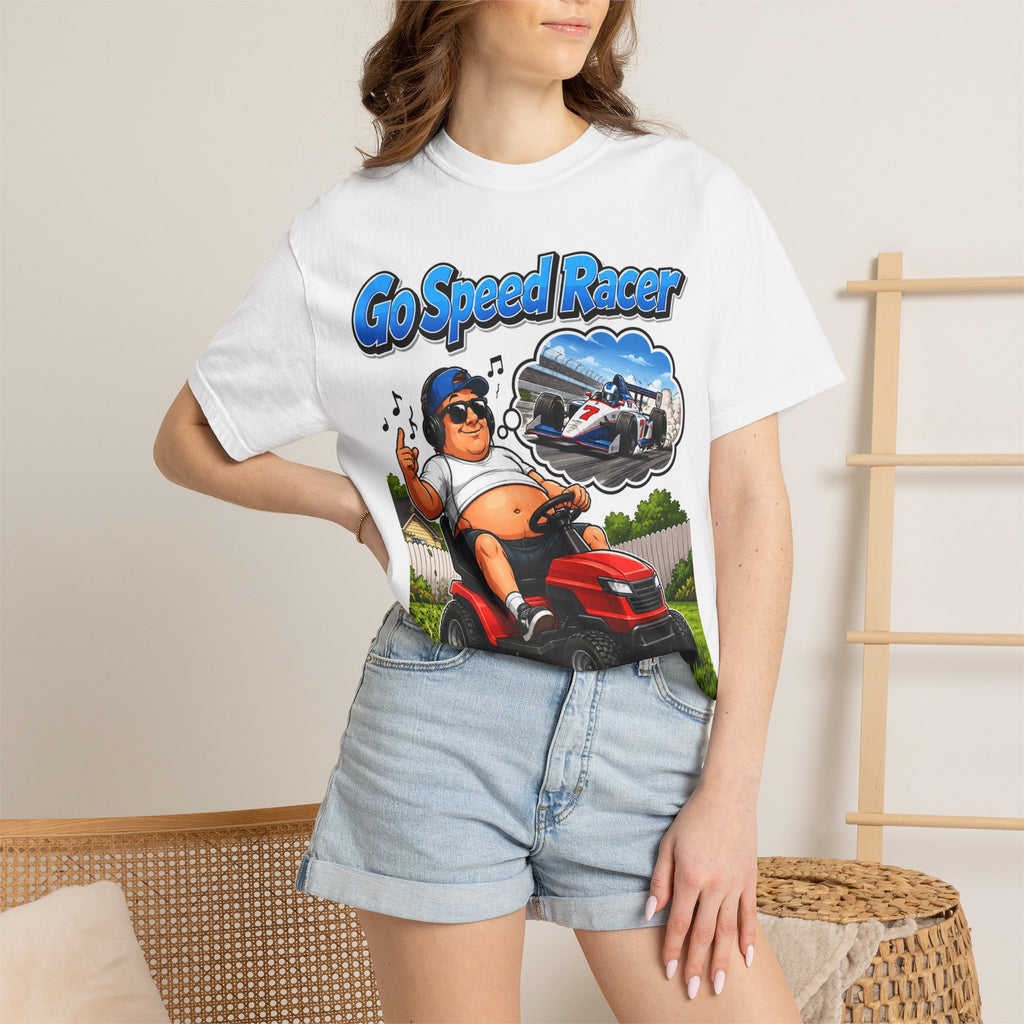 Go Speed Racer Lawn Mower T‑Shirt — Funny Riding Mower Graphic Tee