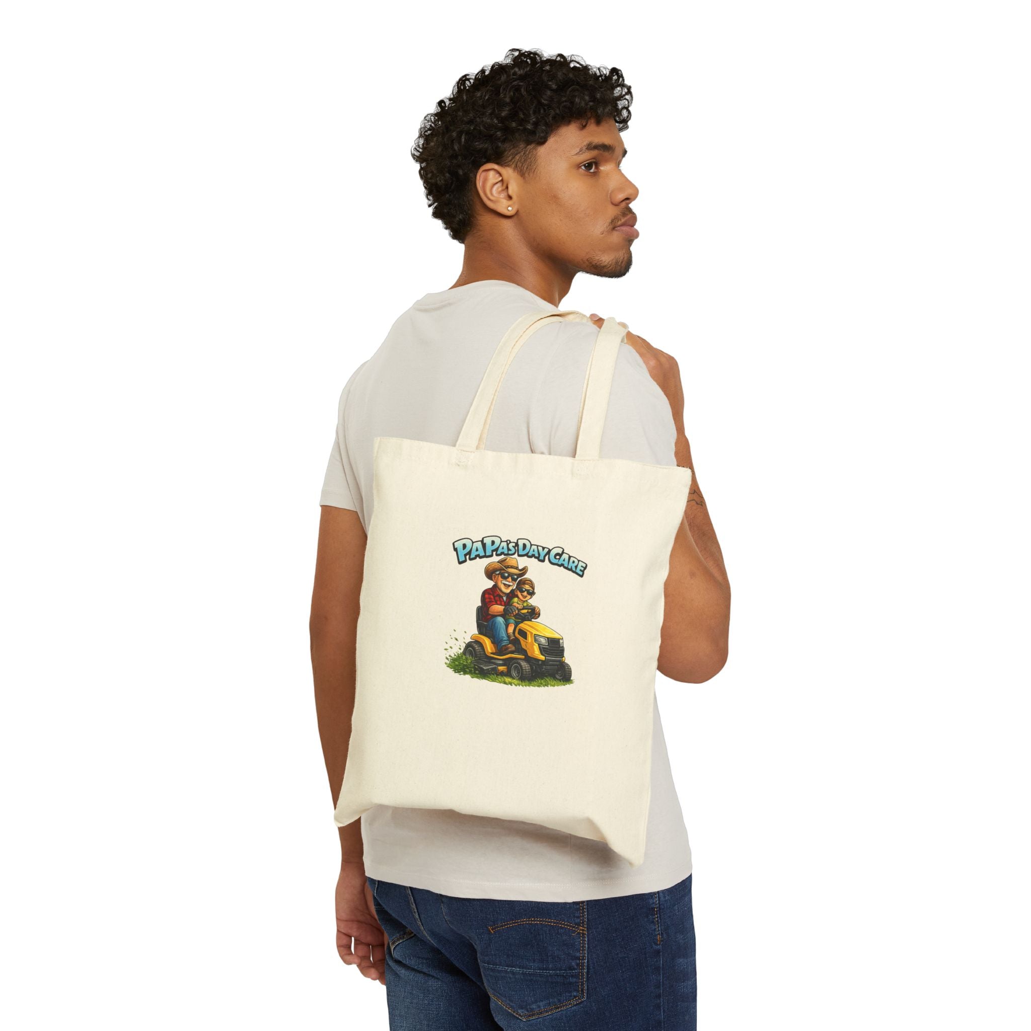 Tote Bag — "Papa's Daycare" Funny Dad Riding Lawn Mower Cotton Canvas Tote
