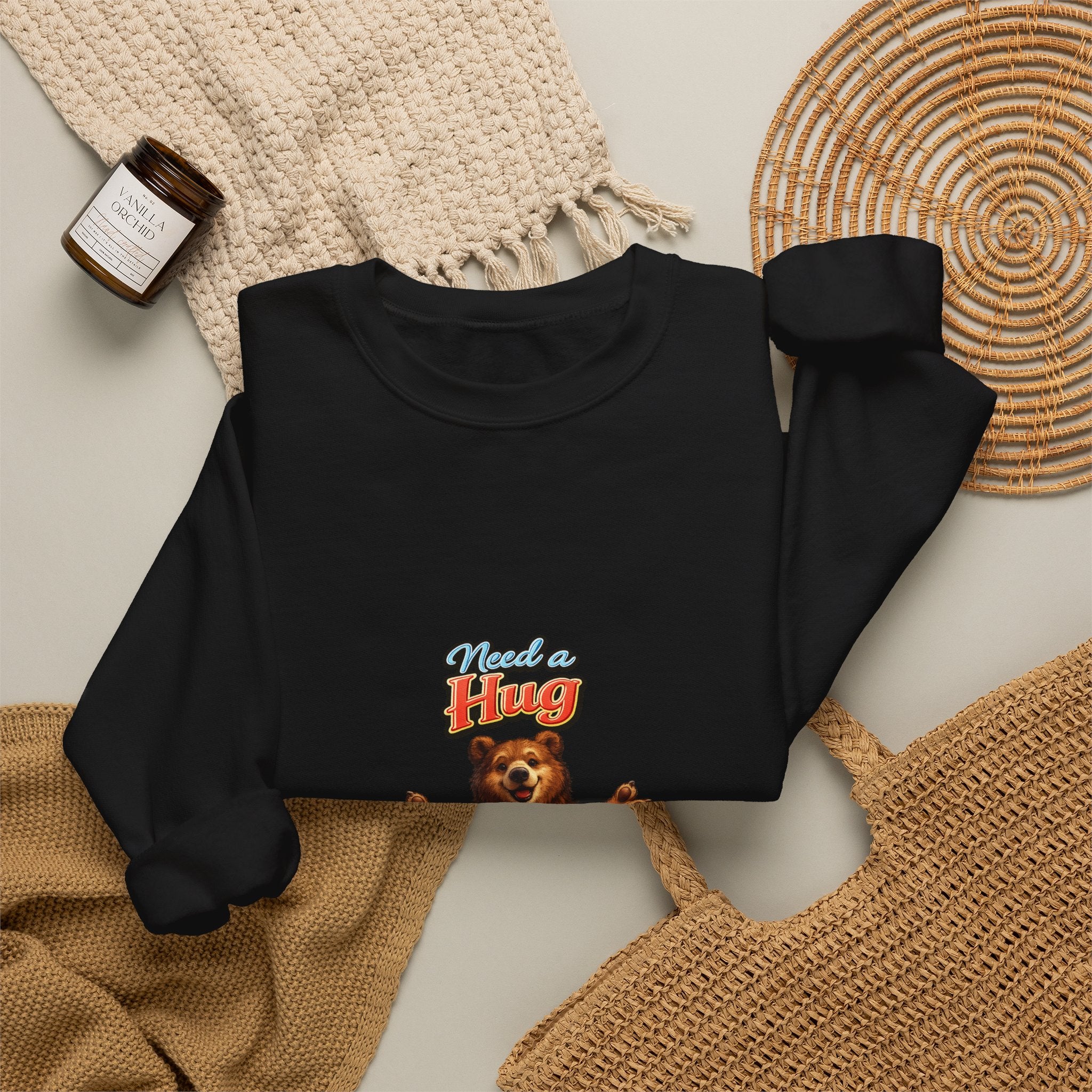 Bear Hug Crewneck Sweatshirt — Vintage Bear Graphic "Need a Hug" Cozy Pullover