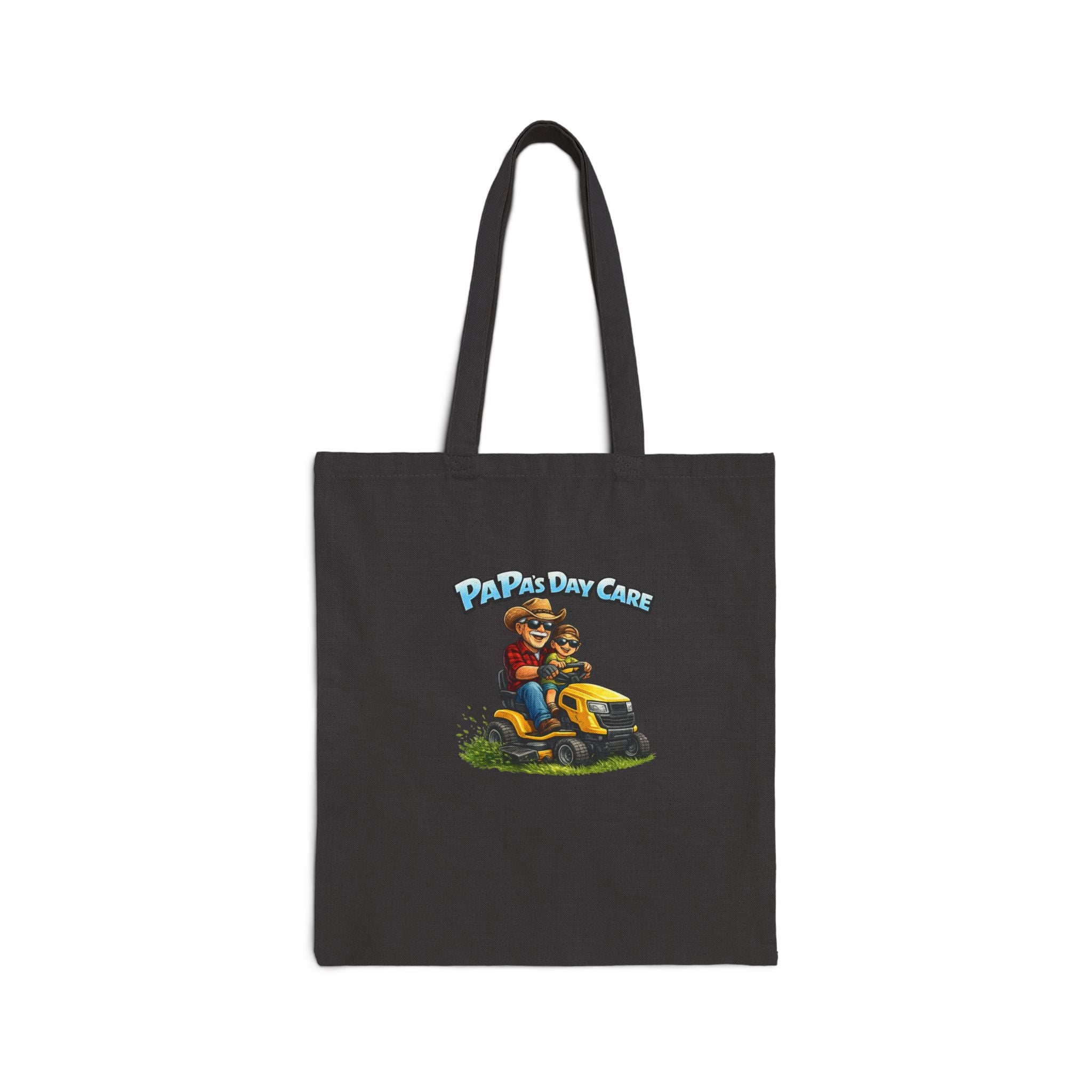 Tote Bag — "Papa's Daycare" Funny Dad Riding Lawn Mower Cotton Canvas Tote