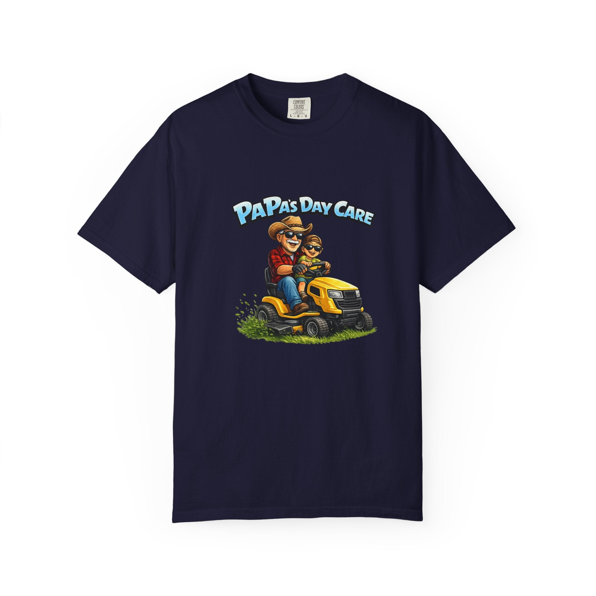 Papa's Day Care T-Shirt — Dad & Kid Riding Lawn Mower Father’s Day Tee
