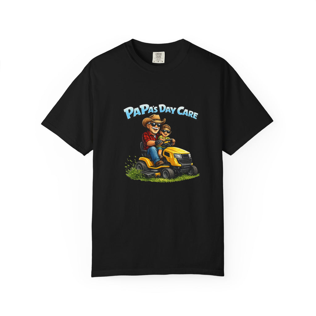 Papa's Day Care T-Shirt — Dad & Kid Riding Lawn Mower Father’s Day Tee