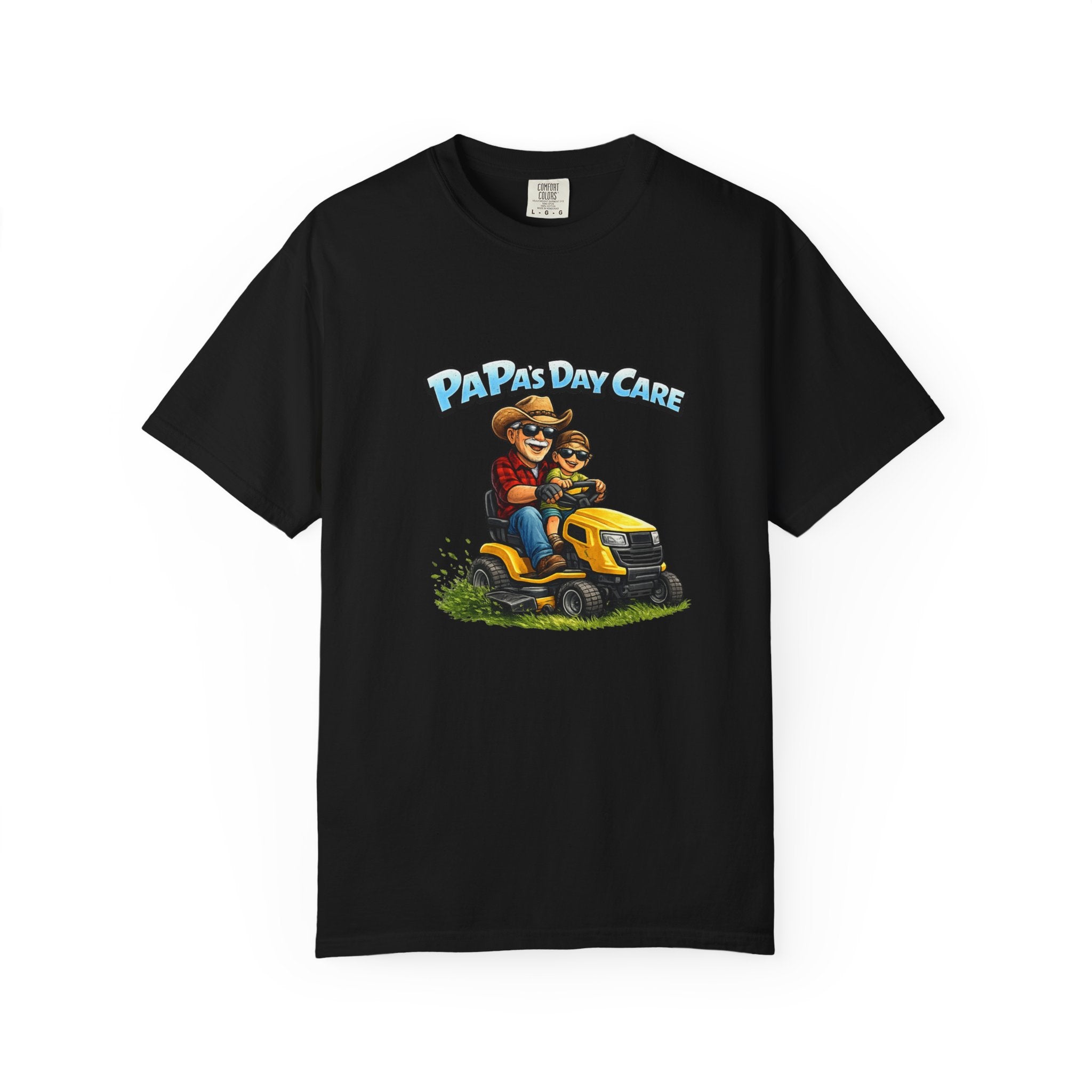 Papa's Day Care T-Shirt — Dad & Kid Riding Lawn Mower Father’s Day Tee