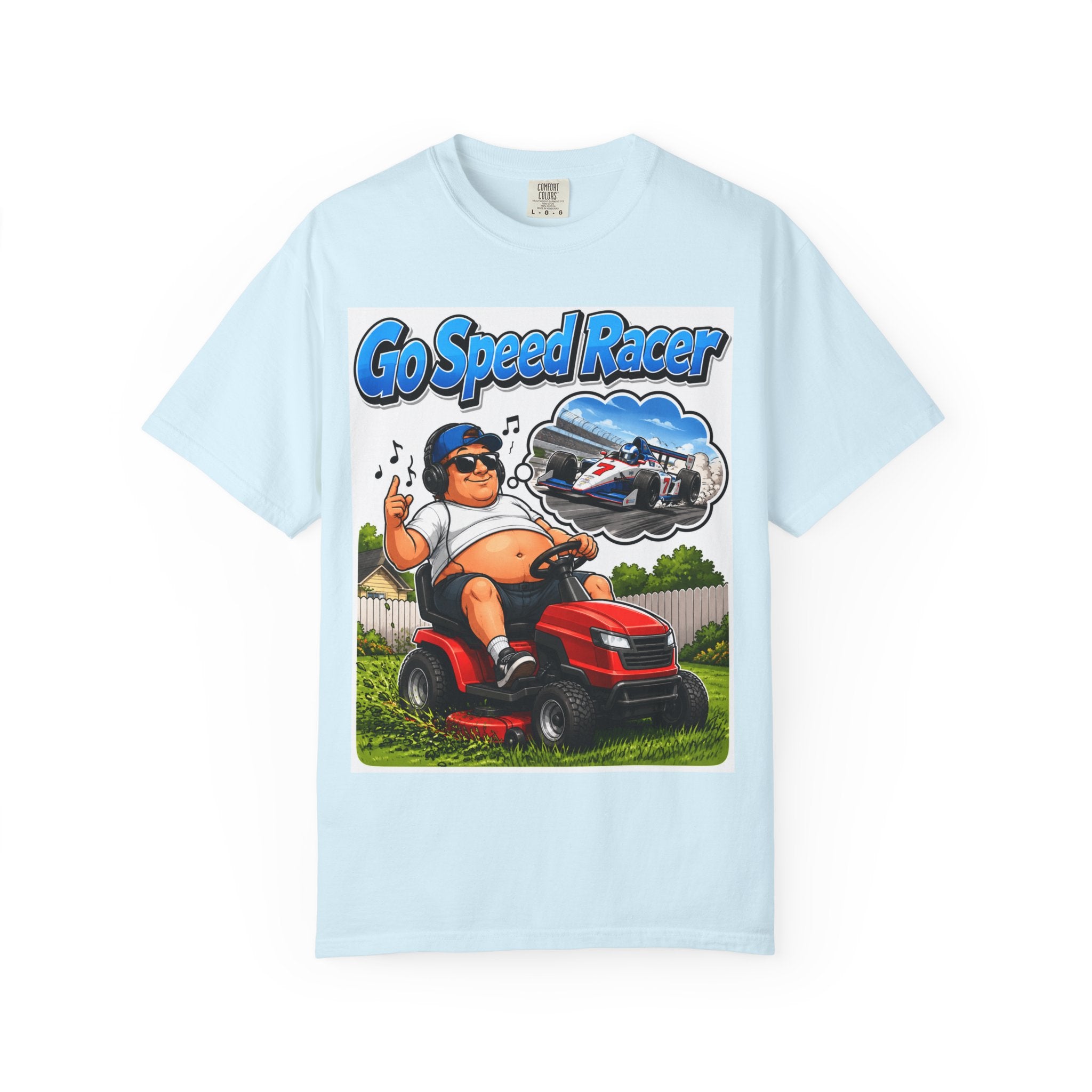 Go Speed Racer Lawn Mower T‑Shirt — Funny Riding Mower Graphic Tee