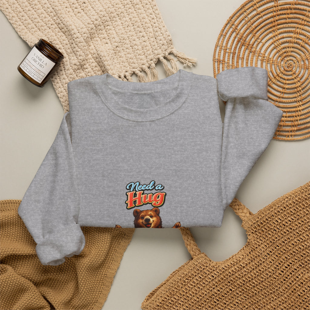 Bear Hug Crewneck Sweatshirt — Vintage Bear Graphic "Need a Hug" Cozy Pullover
