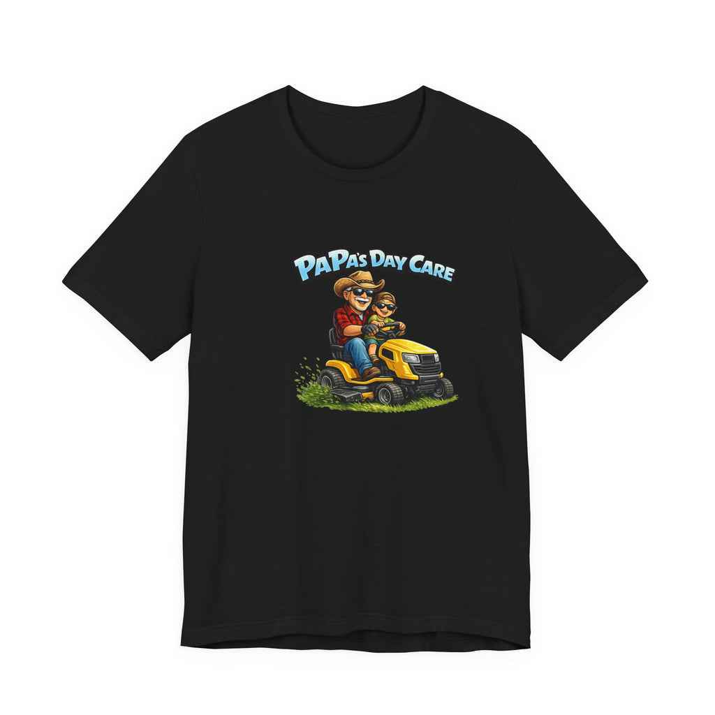 Papa’s Day Care Lawn Mower Tee — Funny Father & Kid Riding Graphic T-Shirt