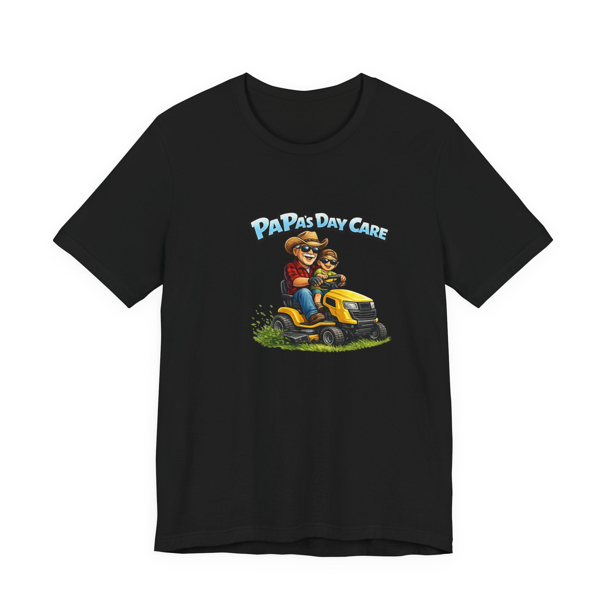 Papa’s Day Care Lawn Mower Tee — Funny Father & Kid Riding Graphic T-Shirt