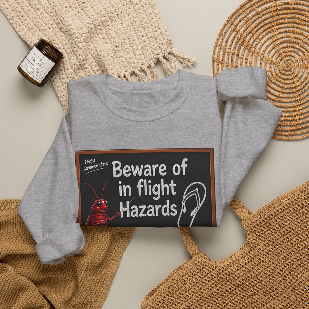 Crewneck Sweatshirt – "Beware of in Flight Hazards" Vintage Cockroach Classroom Design