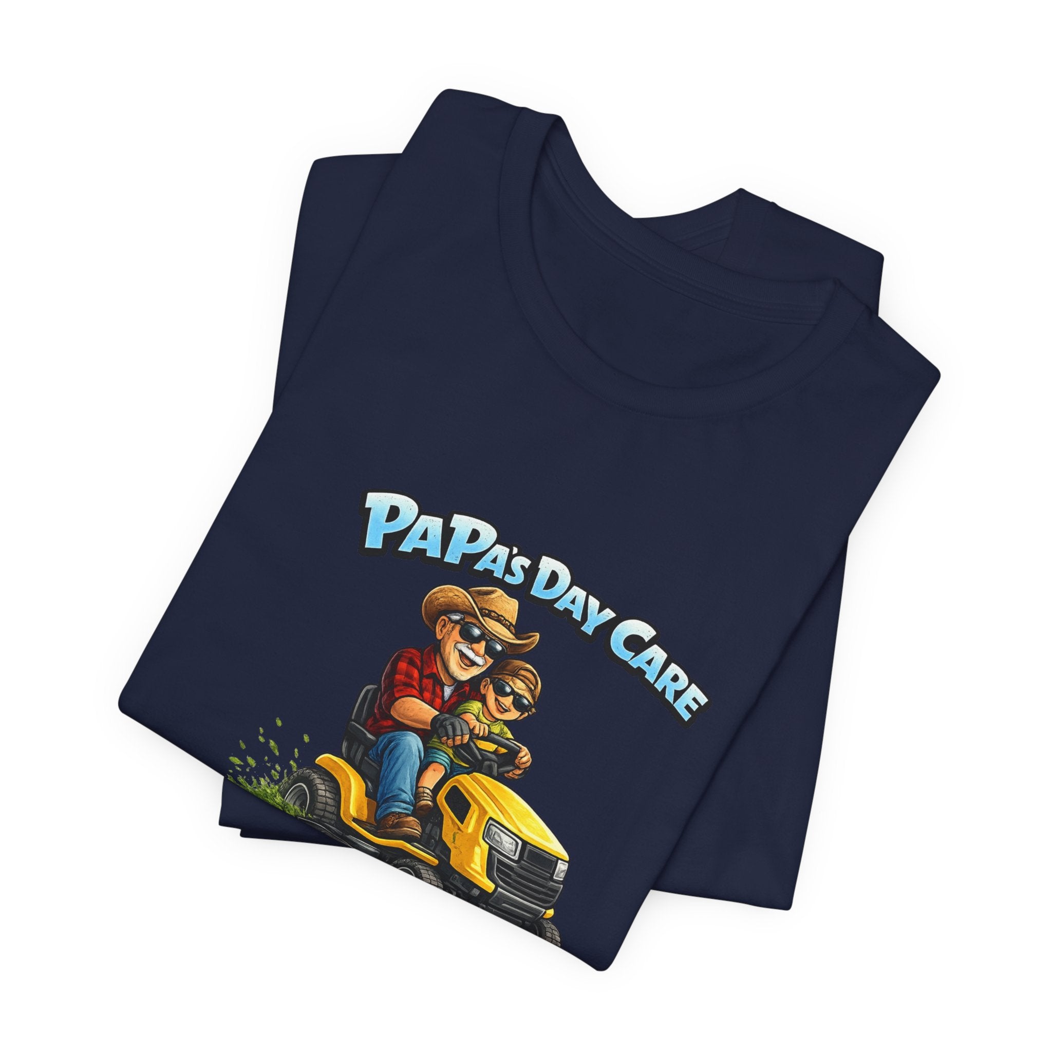 Papa’s Day Care Lawn Mower Tee — Funny Father & Kid Riding Graphic T-Shirt